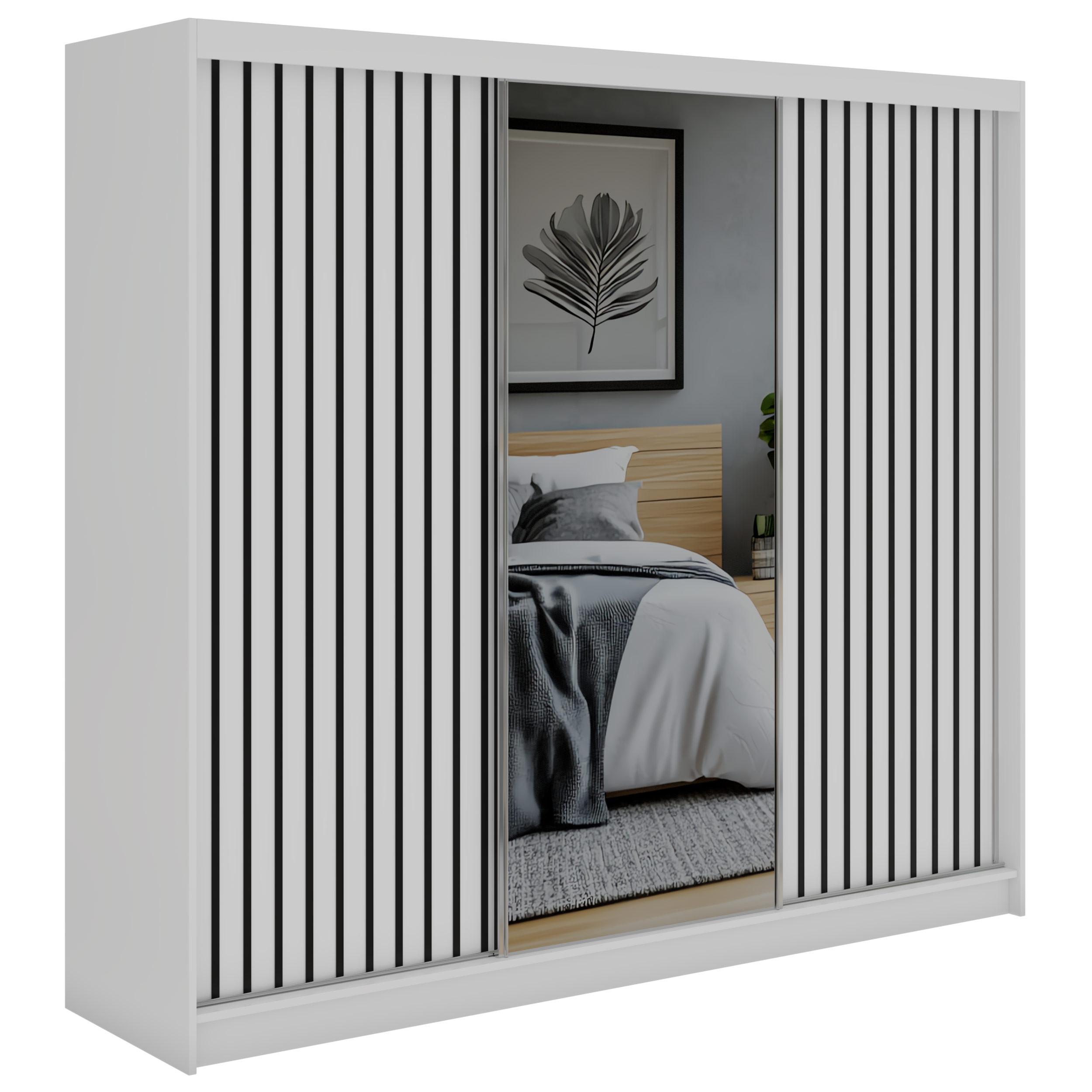 SCHWEBETÜRENSCHRANK mit Spiegel und Schubladen LAOS - 240 - Weiß - Schwarz Lamellen - Schwarz/Alufarben, Holzwerkstoff/Metall (240/216/61cm) - MKS