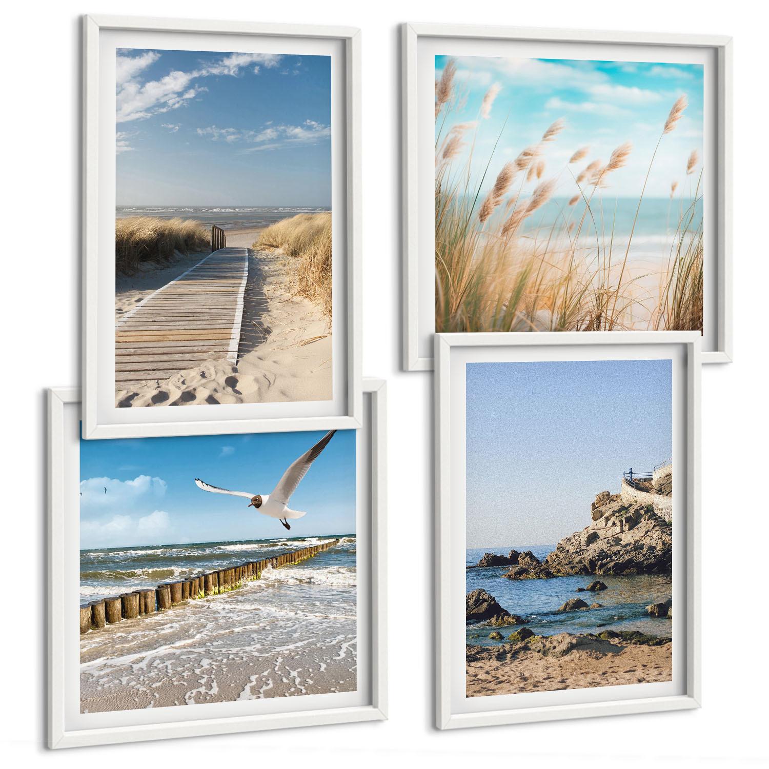 BILDER SET 4er Set - 50x50 cm & 40x60 cm Weißer Rahmen - Strand Holzsteg Klippen - Weiß, Kunststoff (50/50cm) - TULUP