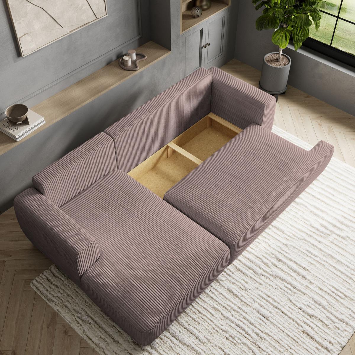 ECKSOFA SENTI P L-S Lila Kordstoff mit Schlaffunktion - Lila/Schwarz, Holz/Kunststoff (246/148cm) - MASSENO