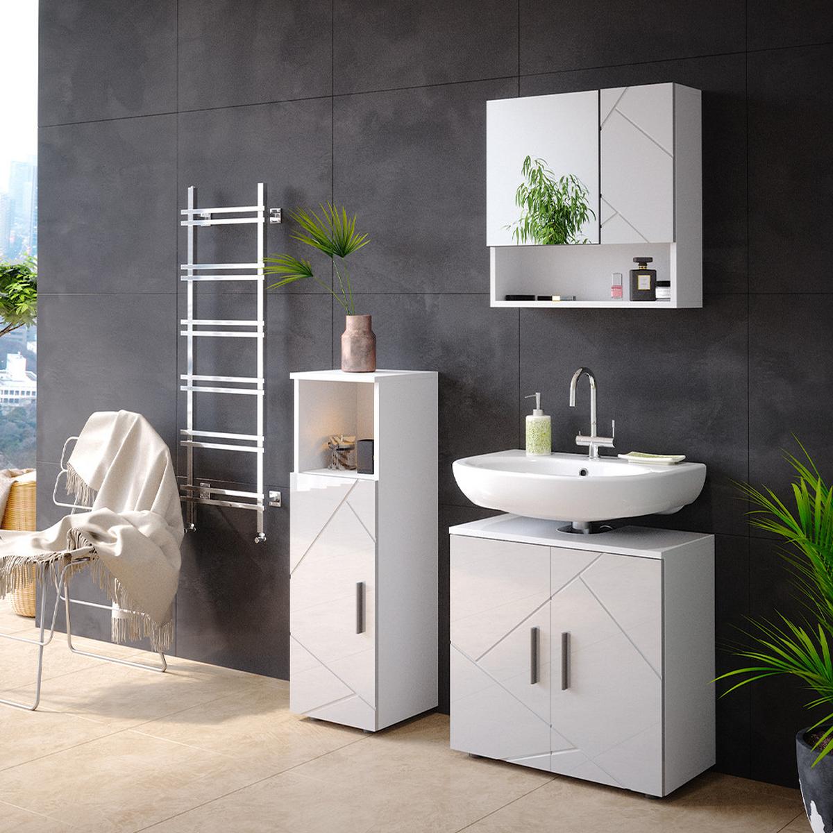 BADMÖBEL-SET Ronco Weiß Hochglanz 3 Teile - Weiß Hochglanz, Holzwerkstoff (60/192/30cm) - Livinity®