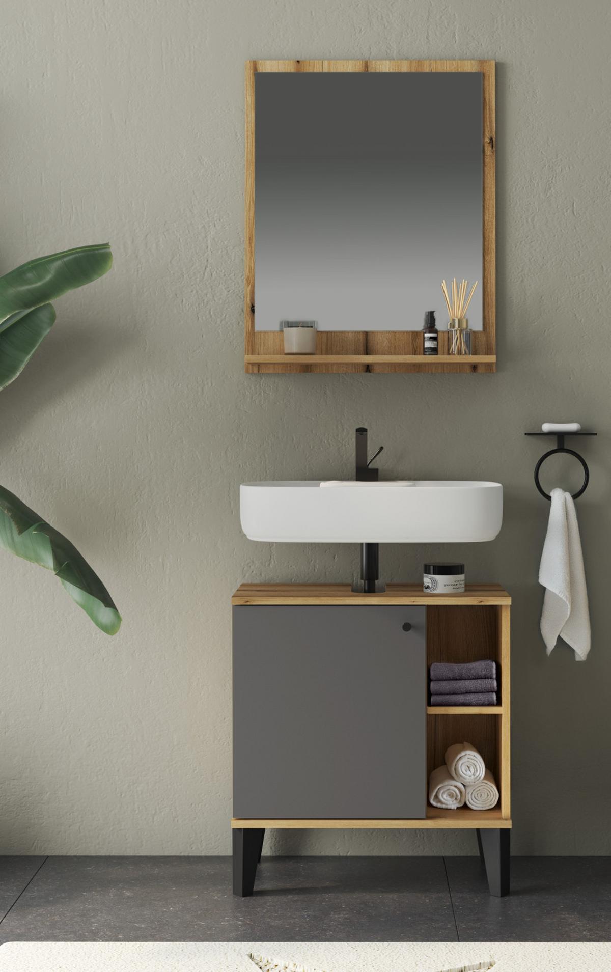 BADSPIEGEL Evoke Eiche, Wandspiegel mit Ablage, 60 x 75 cm - Eichefarben, Glas/Holzwerkstoff (60/75/16cm) - Furn.Design