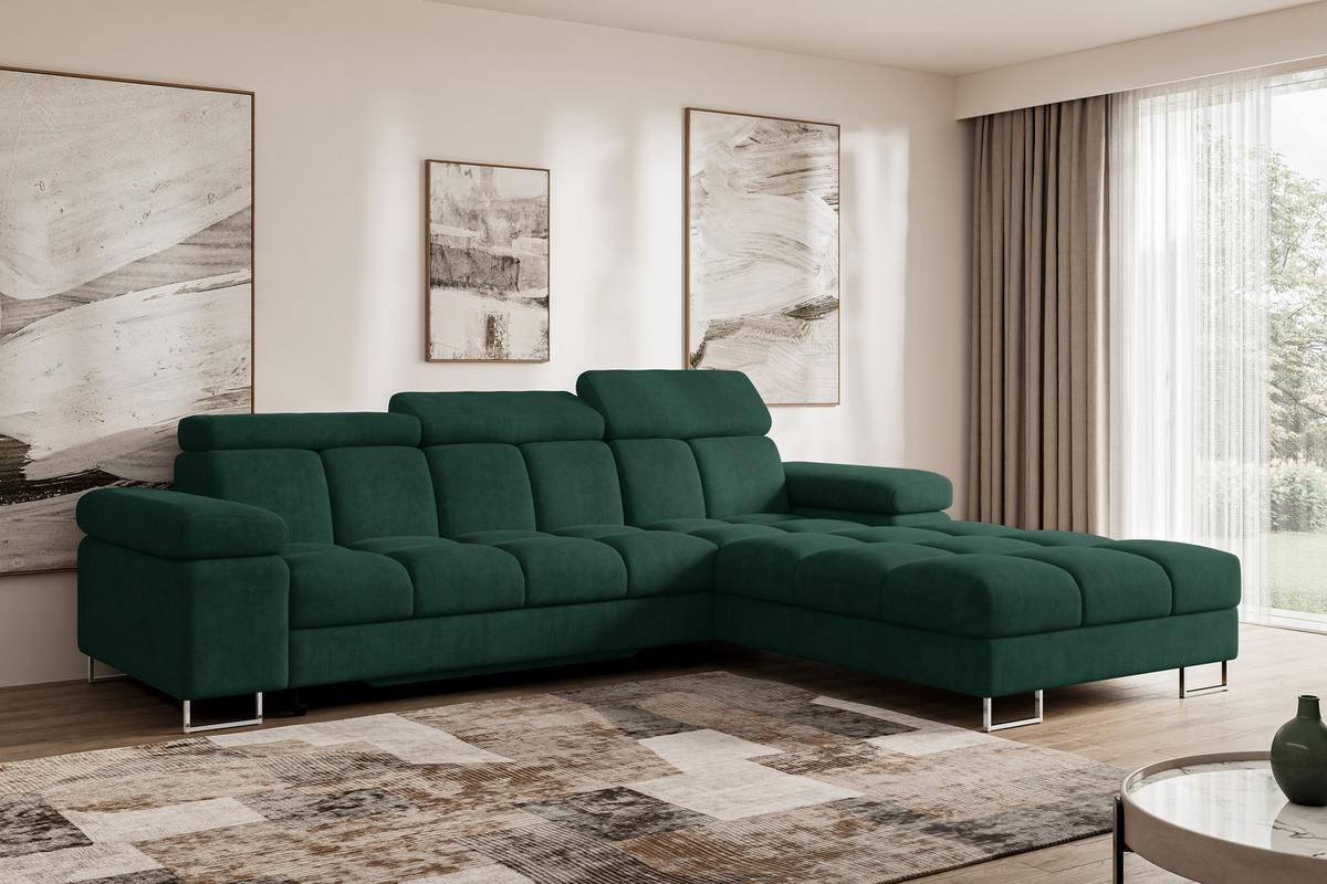 ECKSOFA mit Schlaffunktion Ottomane Rechts COMA L 271x203x79 Grün Velours - Grün, Holzwerkstoff/Textil (203/271cm) - ALTDECOR