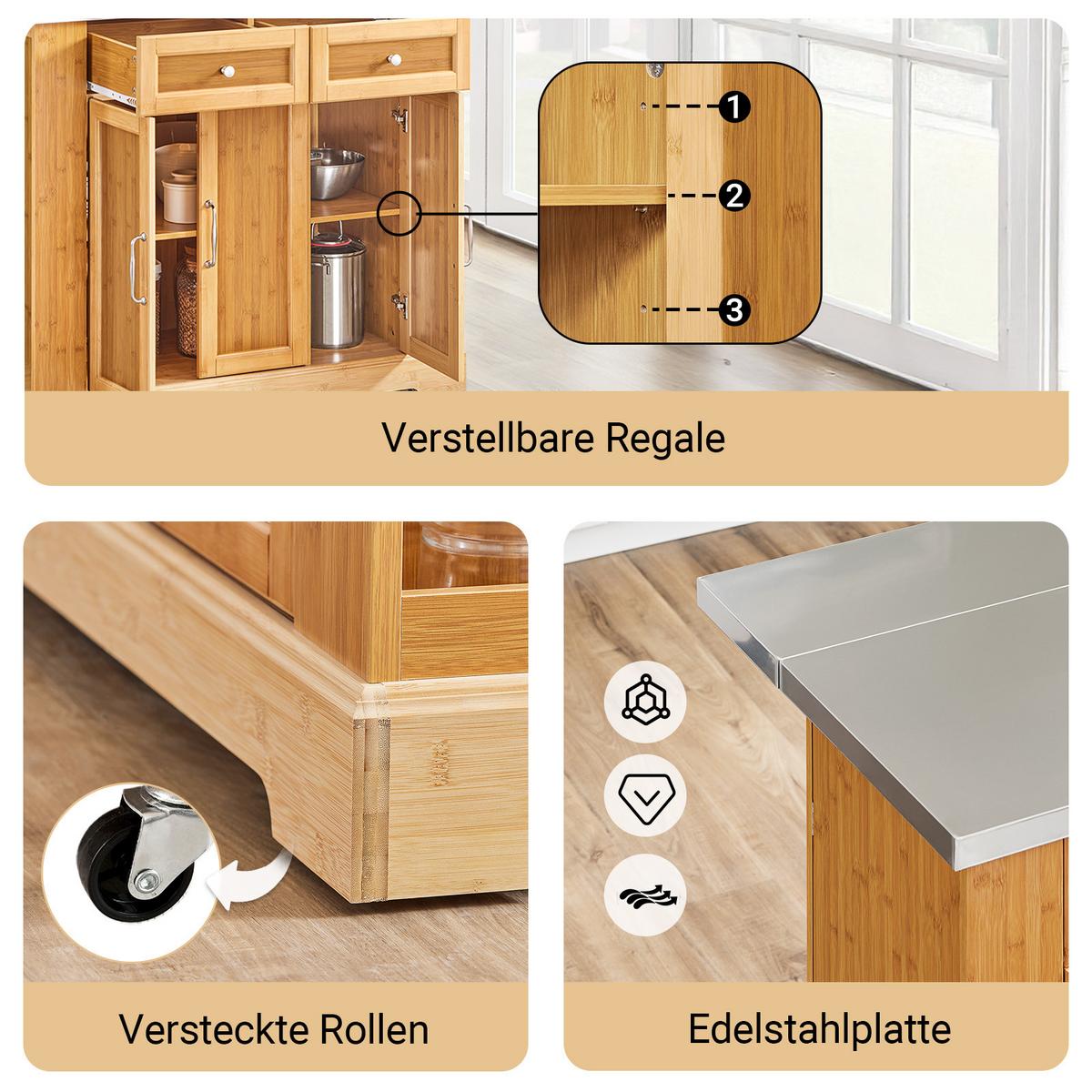 KÜCHENINSEL auf Rollen, Bambus, 107x92,5x(46–71) cm - Naturfarben, Holz/Holzwerkstoff (107/92.5/71cm) - SoBuy