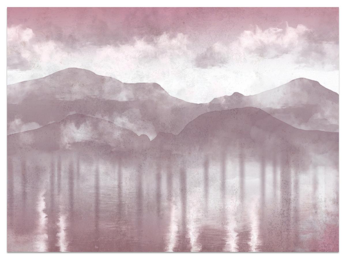 FOTOTAPETE Neblige violette Landschaft Berge 450x315 - Violett/Rosa, Papier (450/315cm) - Muralo