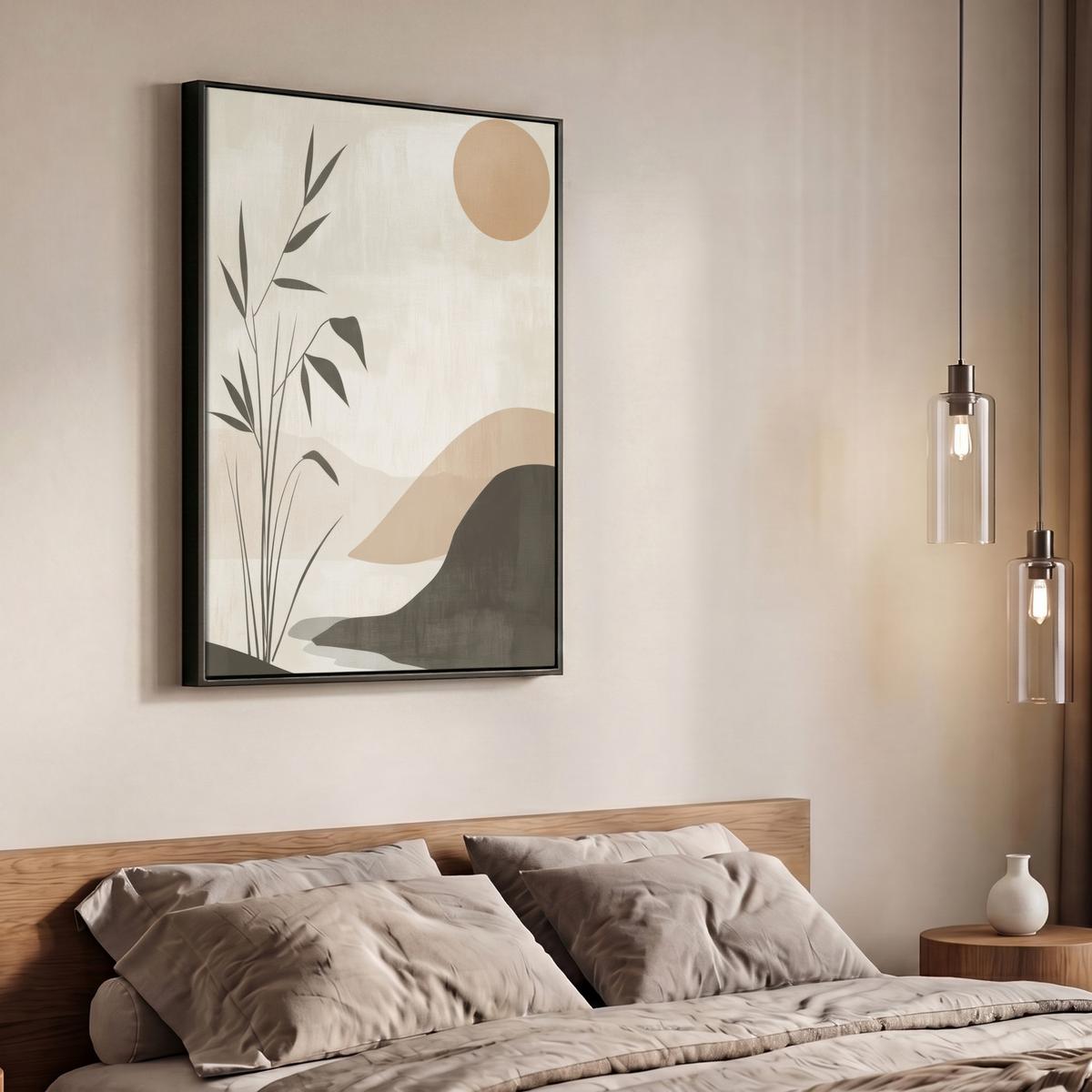 LEINWAND Bilder mit Rahmen - Japandi - Landschaft - Beige - 70x100 - Cognac, Textil (70/100cm) - MuchoWow