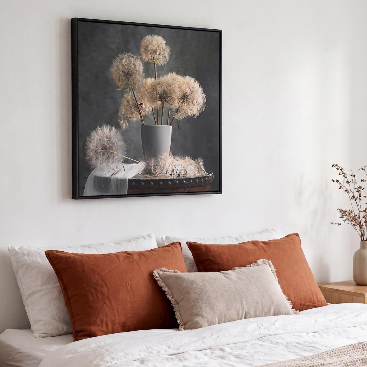 LEINWAND Bilder mit Rahmen - Blumensamen - Löwenzahn - Vase - Stilleben - Blumenstrauß - 50x50 - Dunkelgrau, Textil (50/50cm) - MuchoWow