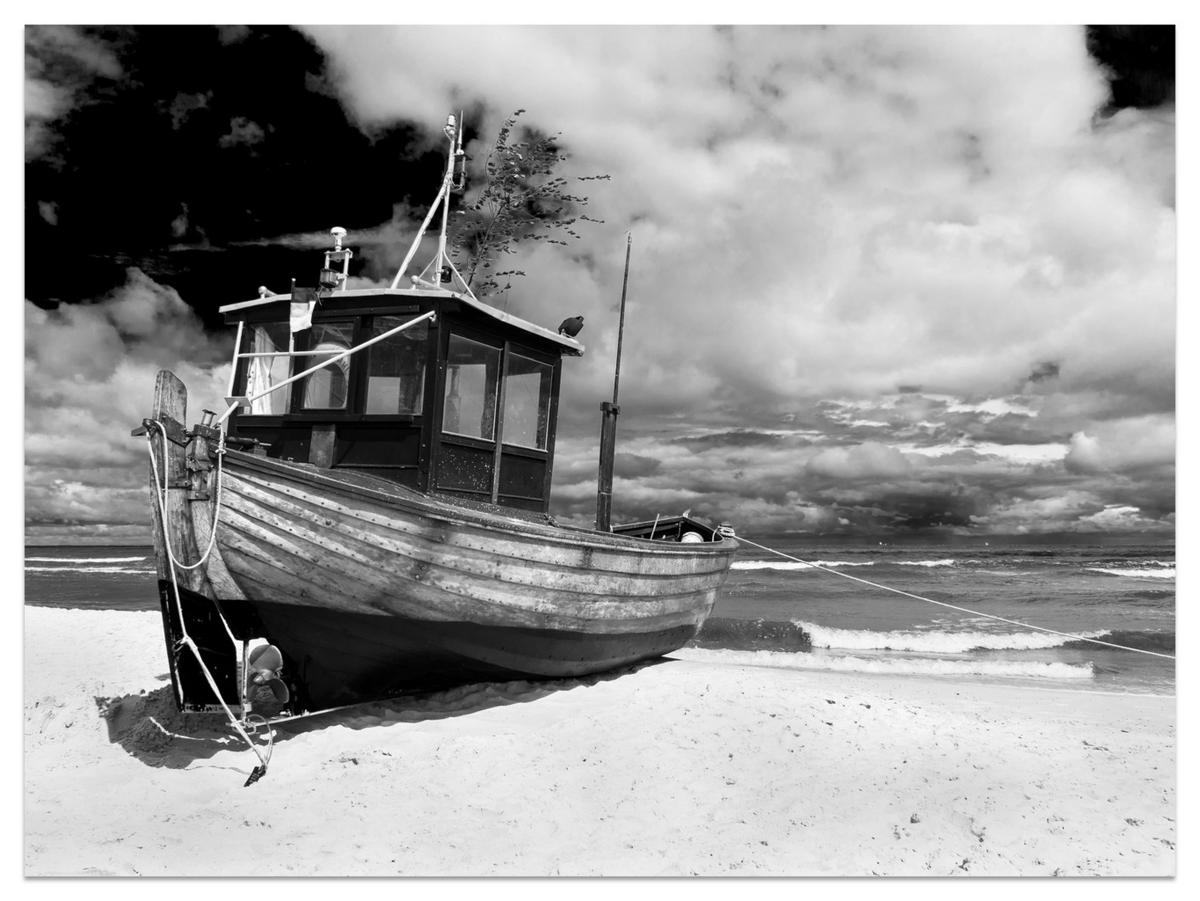 FOTOTAPETE für Wohnzimmer Schwarz-Weiß Boot Strand Meer 100x70 - Schwarz/Weiß, Papier (100/70cm) - Muralo