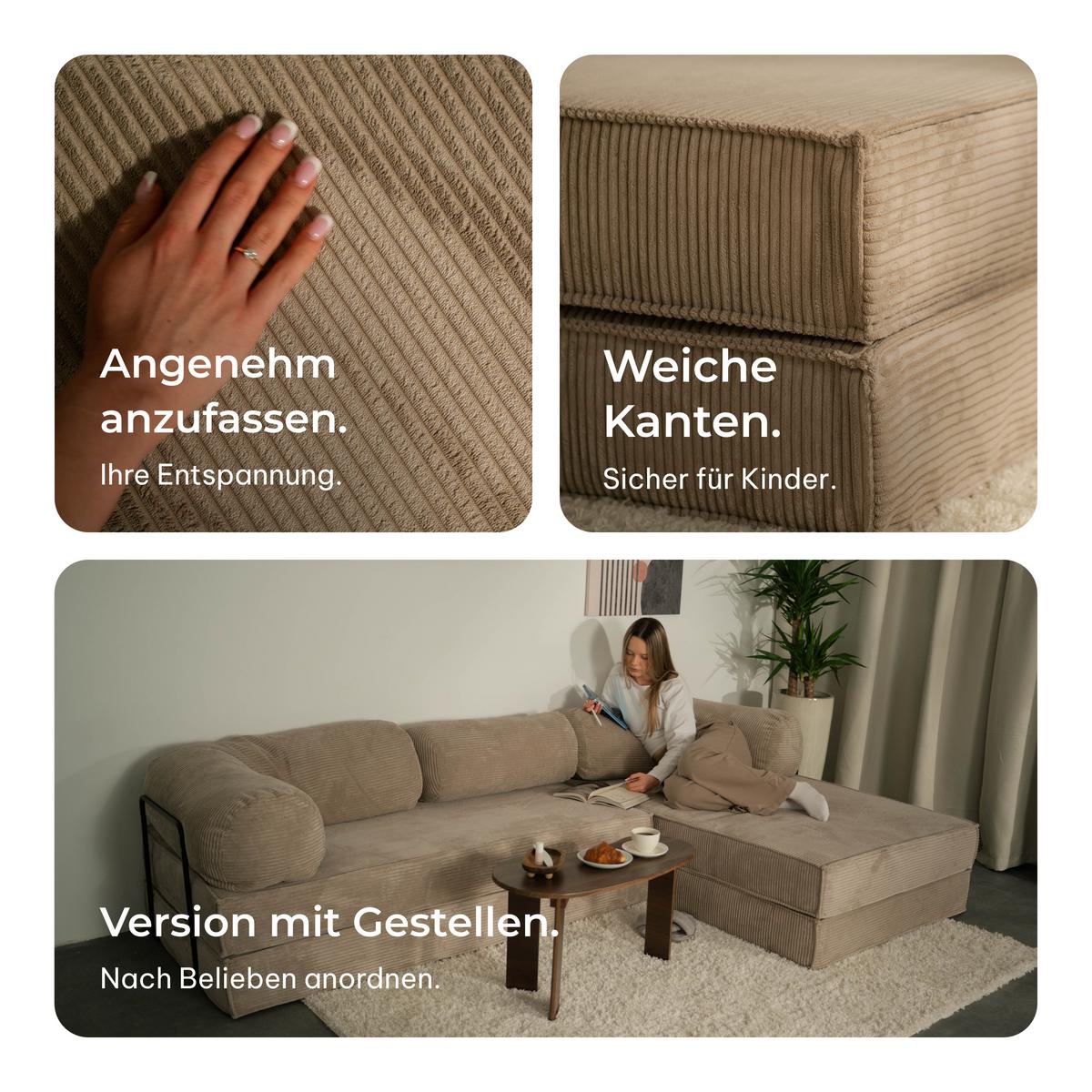 ECKSOFA ETERA modulares Boneless Sofa mit Schlaffunktion Beige Kordstoff - Beige, Textil (270/160cm) - MASSENO