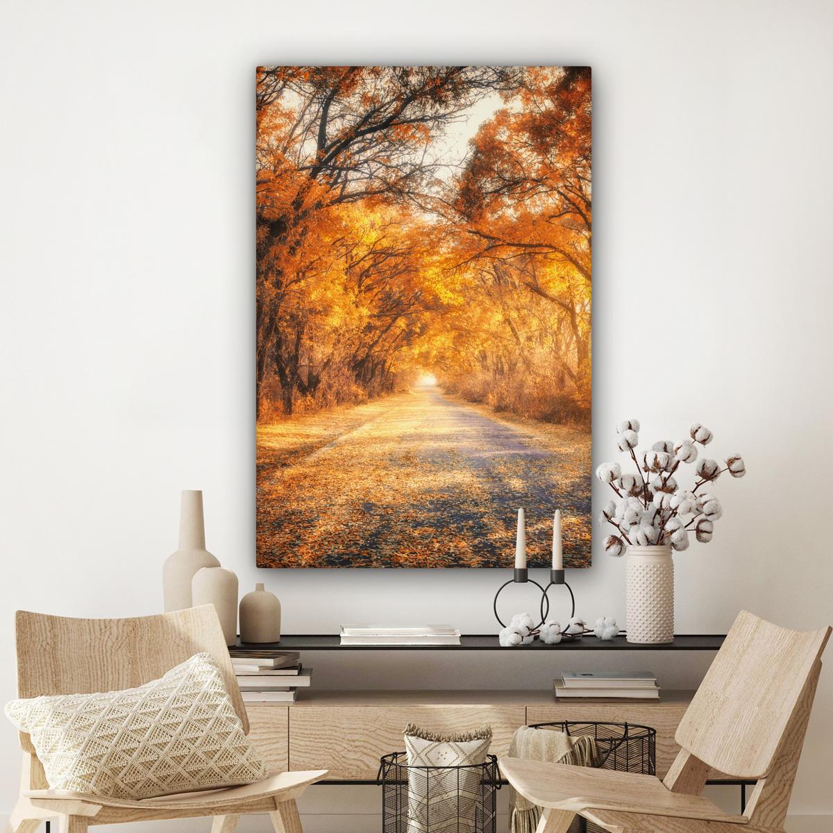 LEINWANDBILD Wald - Herbst - Bäume - Waldweg - Natur Deko Groß 90x140 cm - Bernsteinfarben, Textil (90/140cm) - MuchoWow