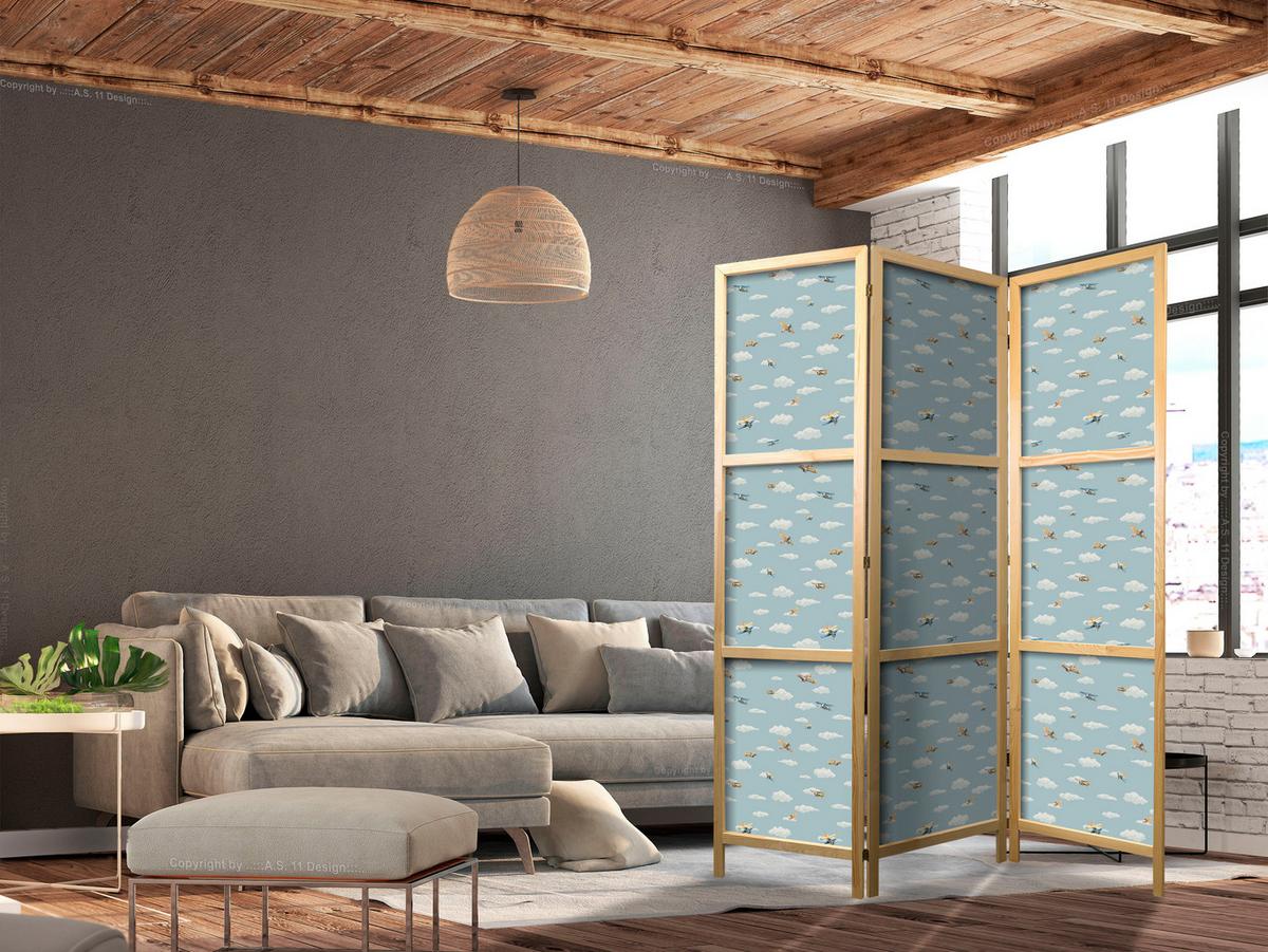 PARAVENT Japanischer 3-tlg 135x172 cm Flugzeuge Wolken - Blau, Holz/Textil (135/172/3cm) - Muralo