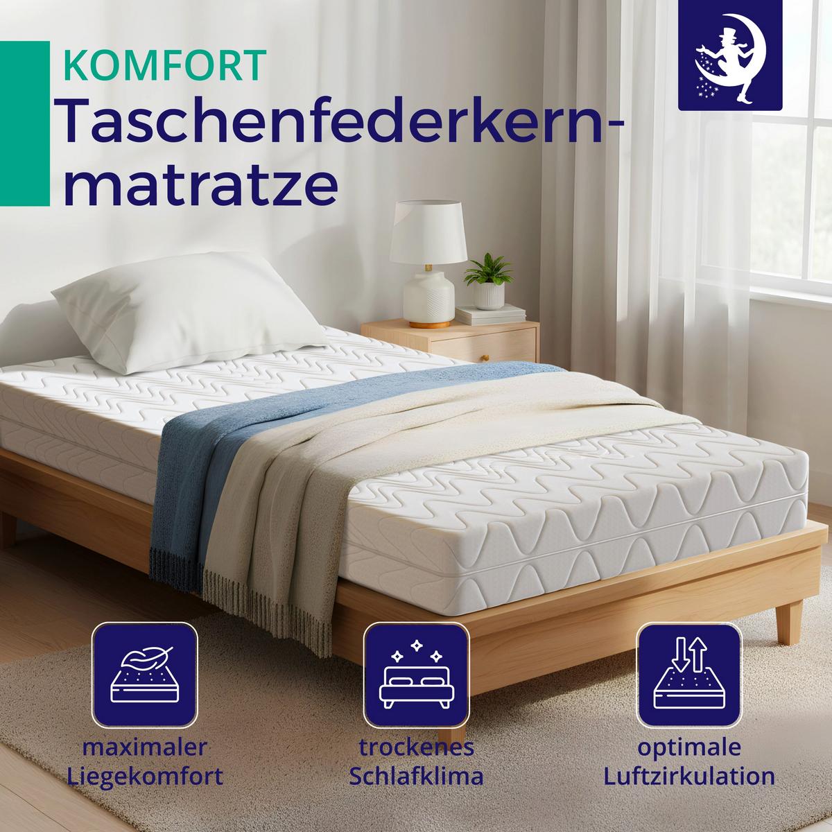 MATRATZE H2 90x200 cm – 7 Zonen Federkernmatratze 18 cm – Kaltschaum Komfortpolsterung – atmungsaktive Matratze mit waschbarem Bezug - Weiß, Textil (90/200cm) - Mister Sandman
