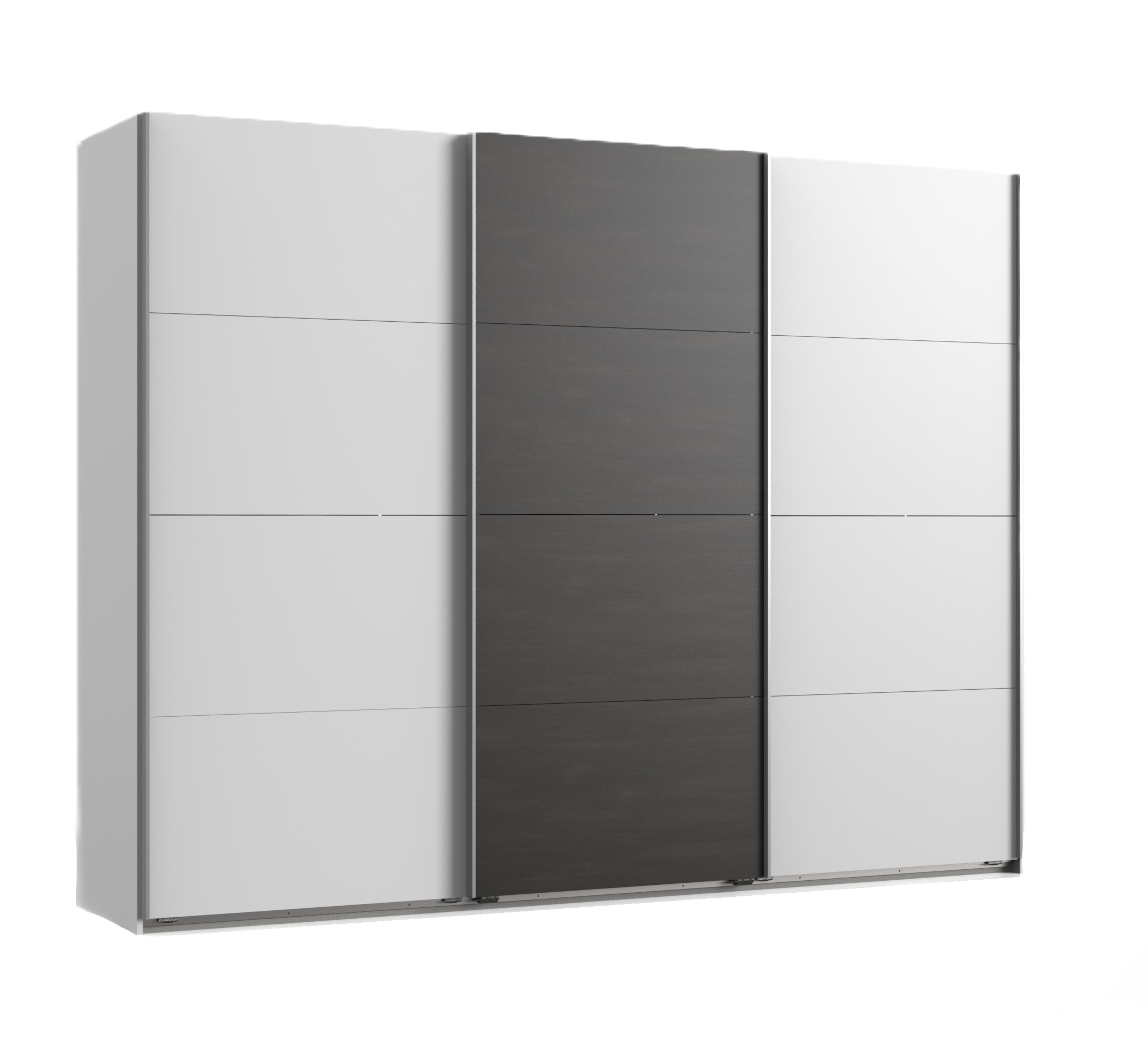 SCHWEBETÜRENSCHRANK 3-türig B270/H208/T65 cm, Kleiderschrank in Weiß, Mitteltür in grauer Stahl-Optik / 22003 - Alufarben/Schwarz, Holzwerkstoff/Metall (270/208/65cm) - luma-home