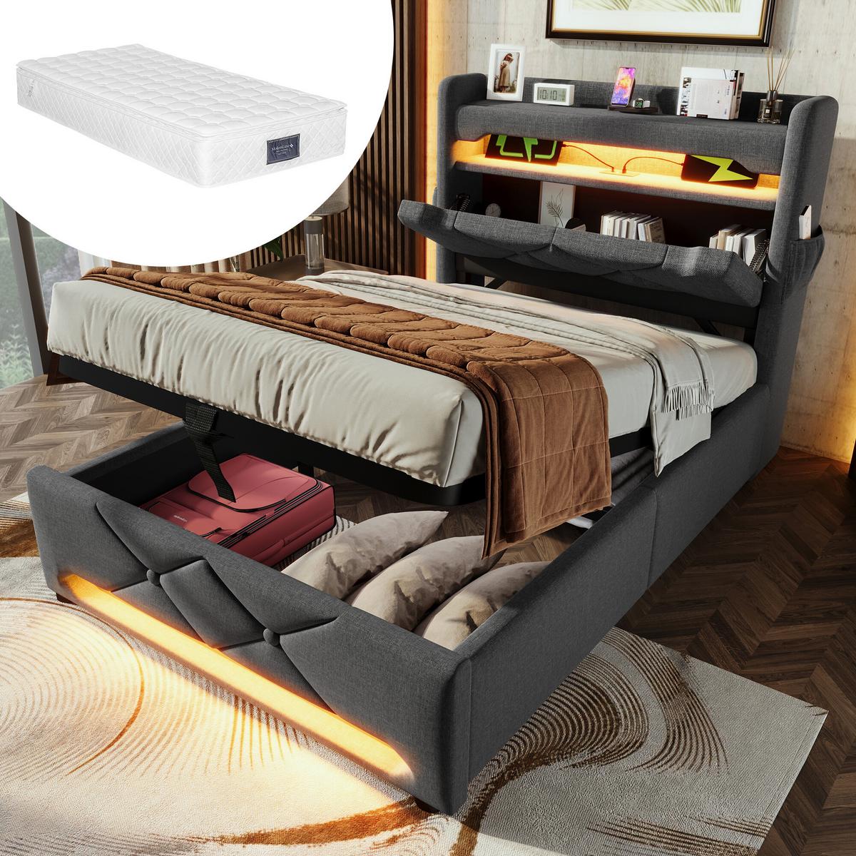 EINZELBETT mit Matratze, Stauraum und LED - Grau, Holzwerkstoff/Textil - Urban Meuble