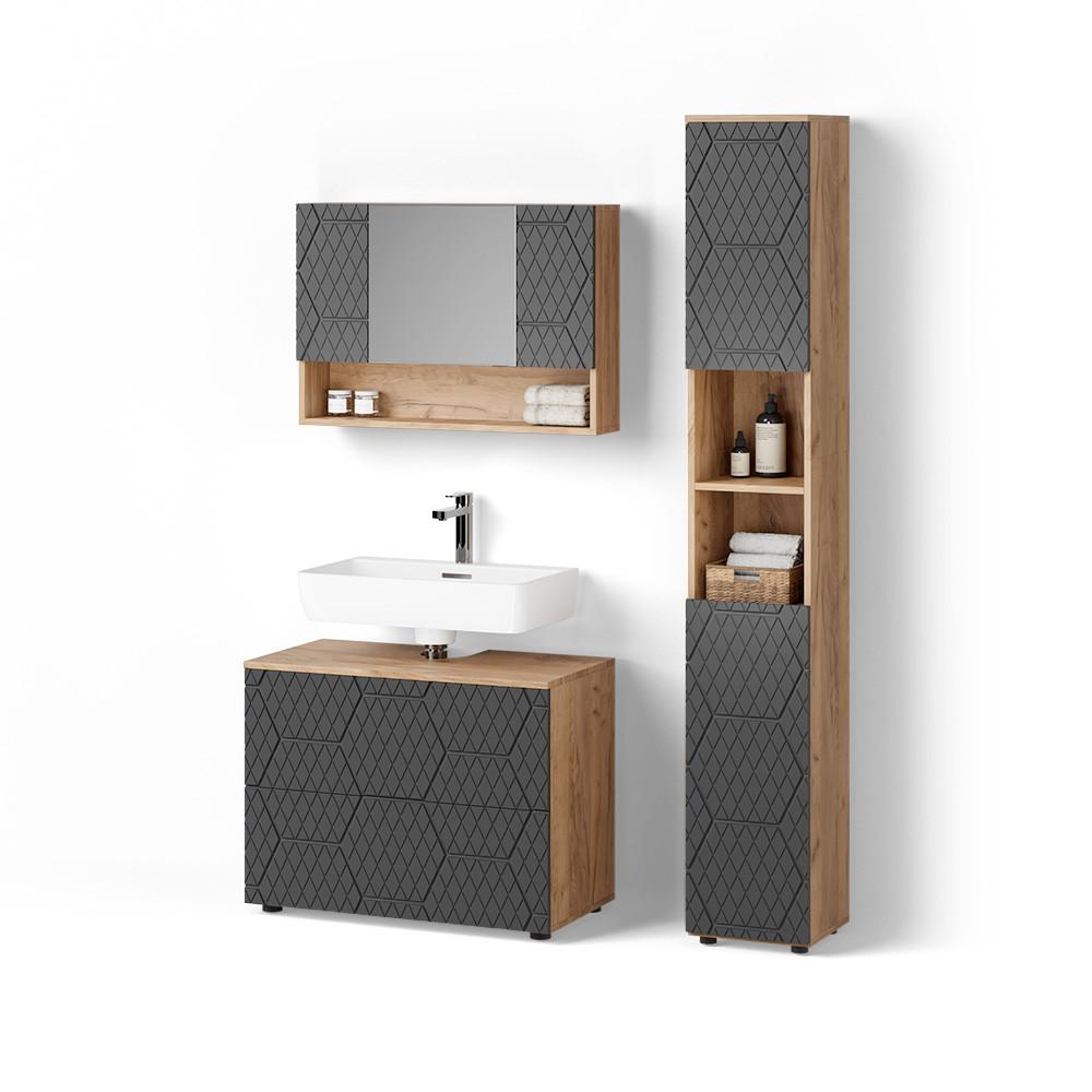BADMÖBEL-SET Ronco Anthrazit mit Wabenstruktur 3 Teile, mit Spiegelschrank 80 cm - Anthrazit, Holzwerkstoff (80/58/41cm) - Livinity®