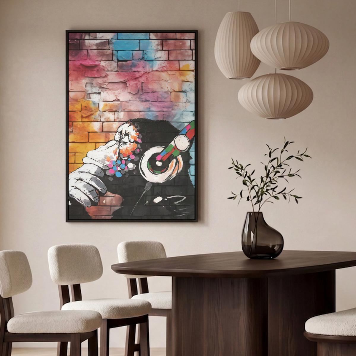 LEINWAND Bilder mit Rahmen - Affe - Graffiti - Musik - 90x140 - Multicolor, Textil (90/140cm) - MuchoWow