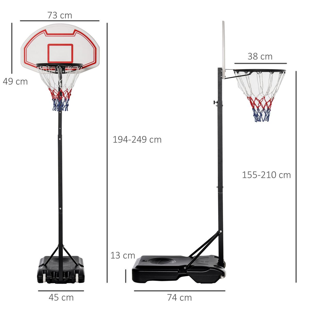 BASKETBALLKORB, Stahl, Schwarz / Rot / Weiß, 73L x 49B x 194-249H cm - Messingfarben, Metall (49/73cm) - HOMCOM