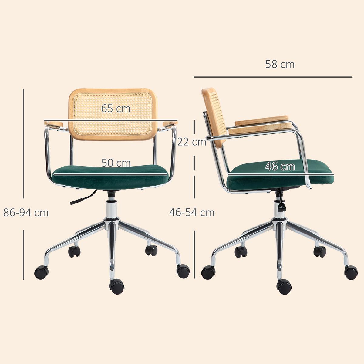 BÜROSTUHL, Schreibtischstuhl mit Rattanoptik, Wippfunktion für Home Office, Grün - Grün, Kunststoff (58/94/65cm) - HOMCOM