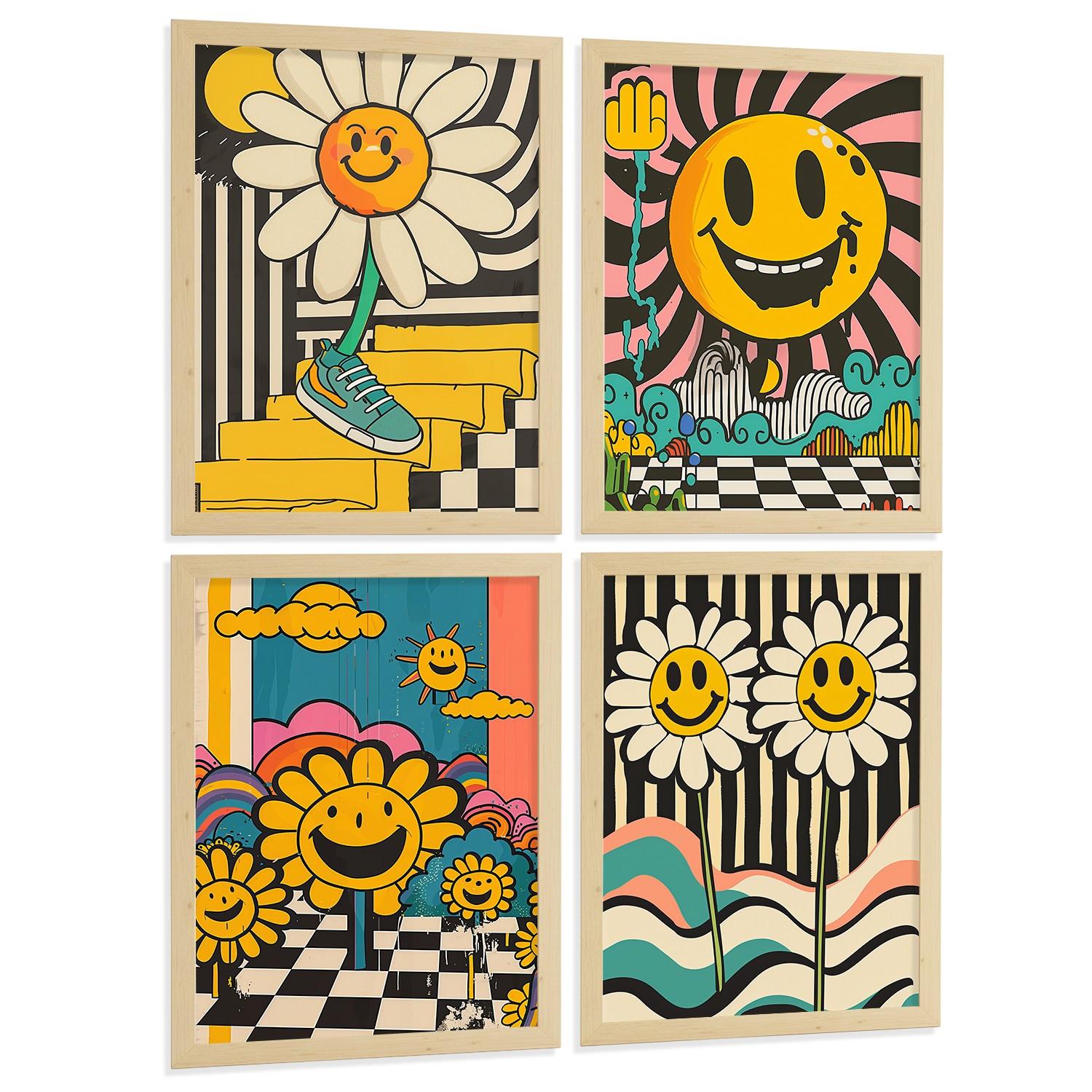 POSTER 4er Kunstdruck-Set Wandbilder Smiley Acid House modern Wohnzimmer Deko, Schlafzimmer, Küche, Badezimmer Leichter Holzrahmen A4 - Beige, Papier (29.7/1/21cm) - Nacnic