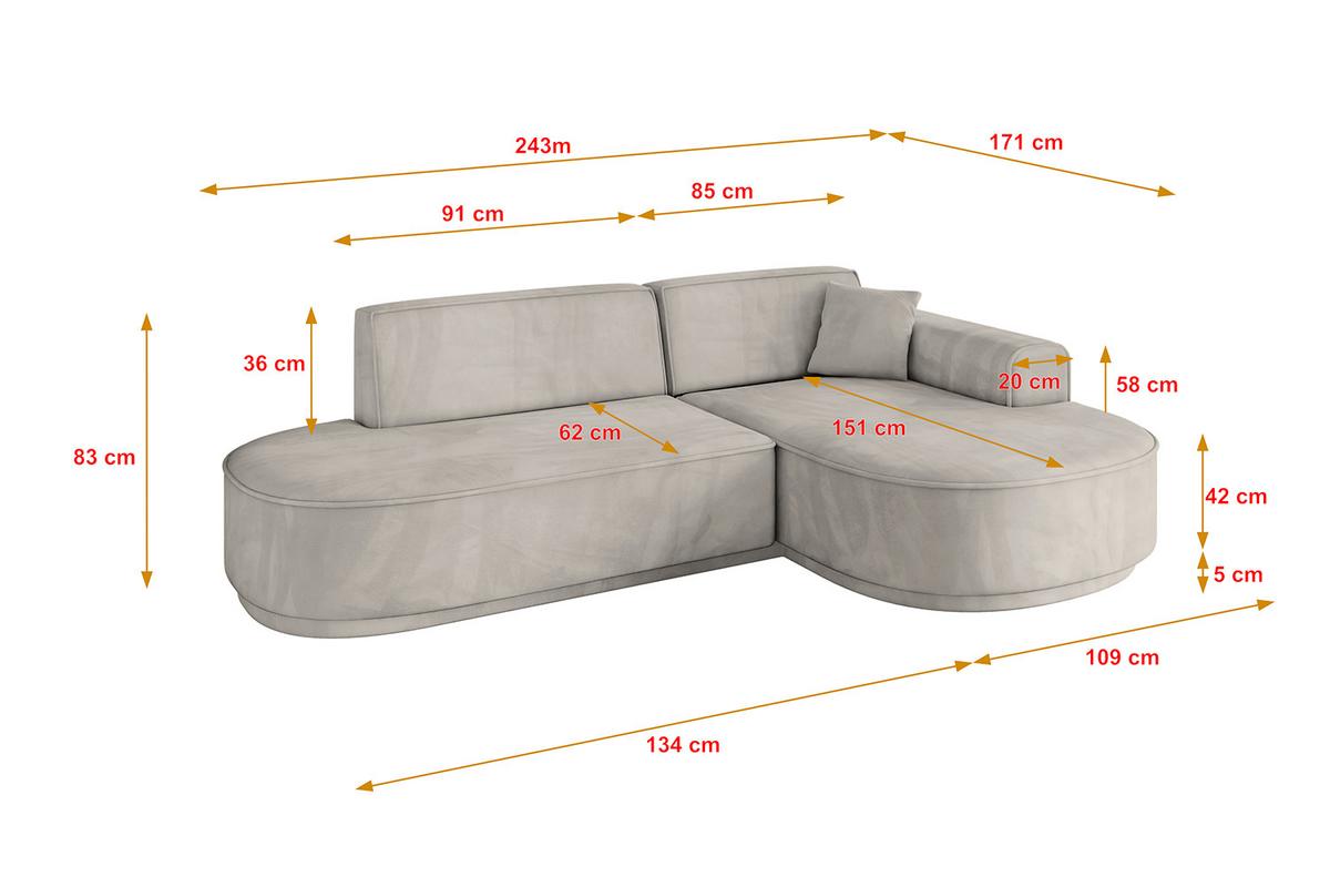 ECKSOFA Ottomane Rechts MARI-L1-v3 - 243x171x83 cm Hellbraun Velours - Hellbraun/Schwarz, Holzwerkstoff/Kunststoff (171/243cm) - ALTDECOR