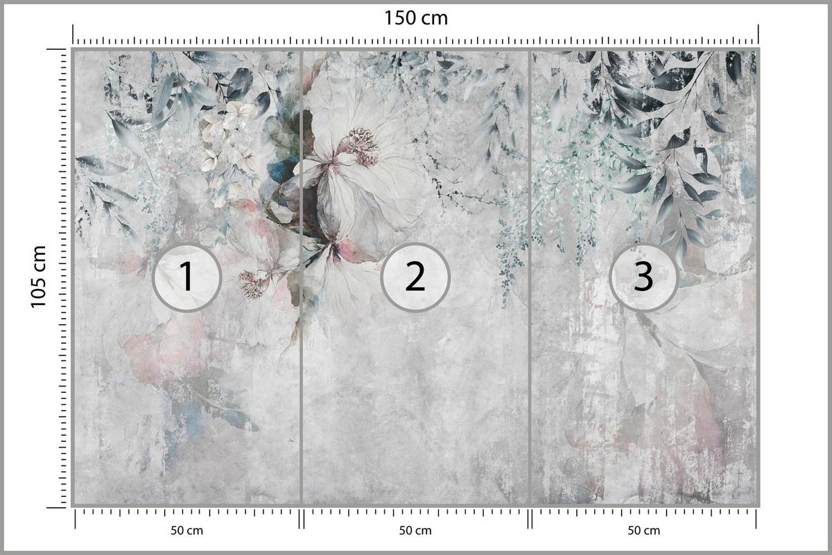 FOTOTAPETE für Schlafzimmer Zarte Blätter Beton Blumen Natur 150x105 - Schwarz/Rosa, Papier (150/105cm) - Muralo