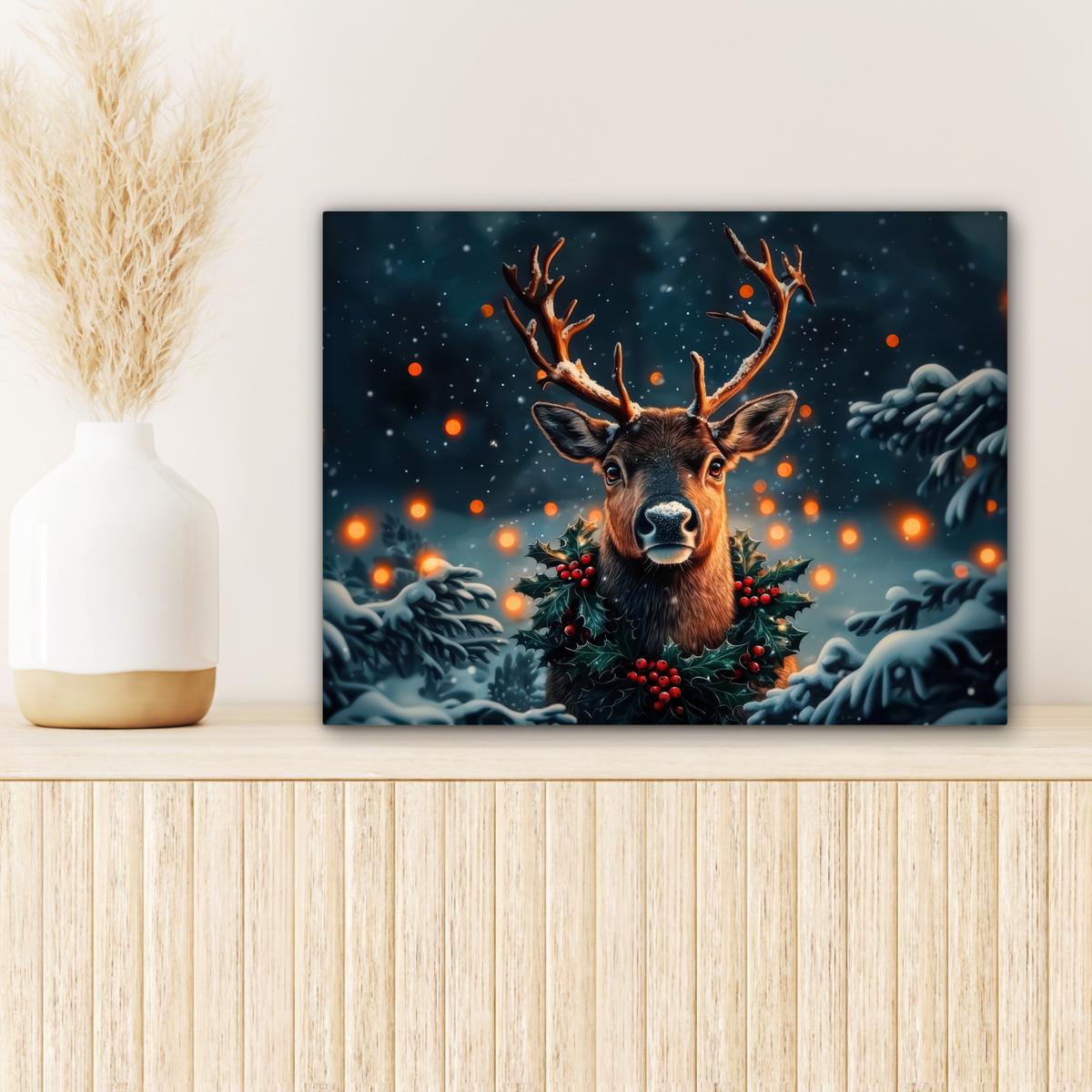LEINWANDBILD Hirsch - Weihnachten - Winter - Schnee - Weihnachtskranz Wandbild 40x30 cm - Dunkelbraun, Textil (40/30cm) - MuchoWow