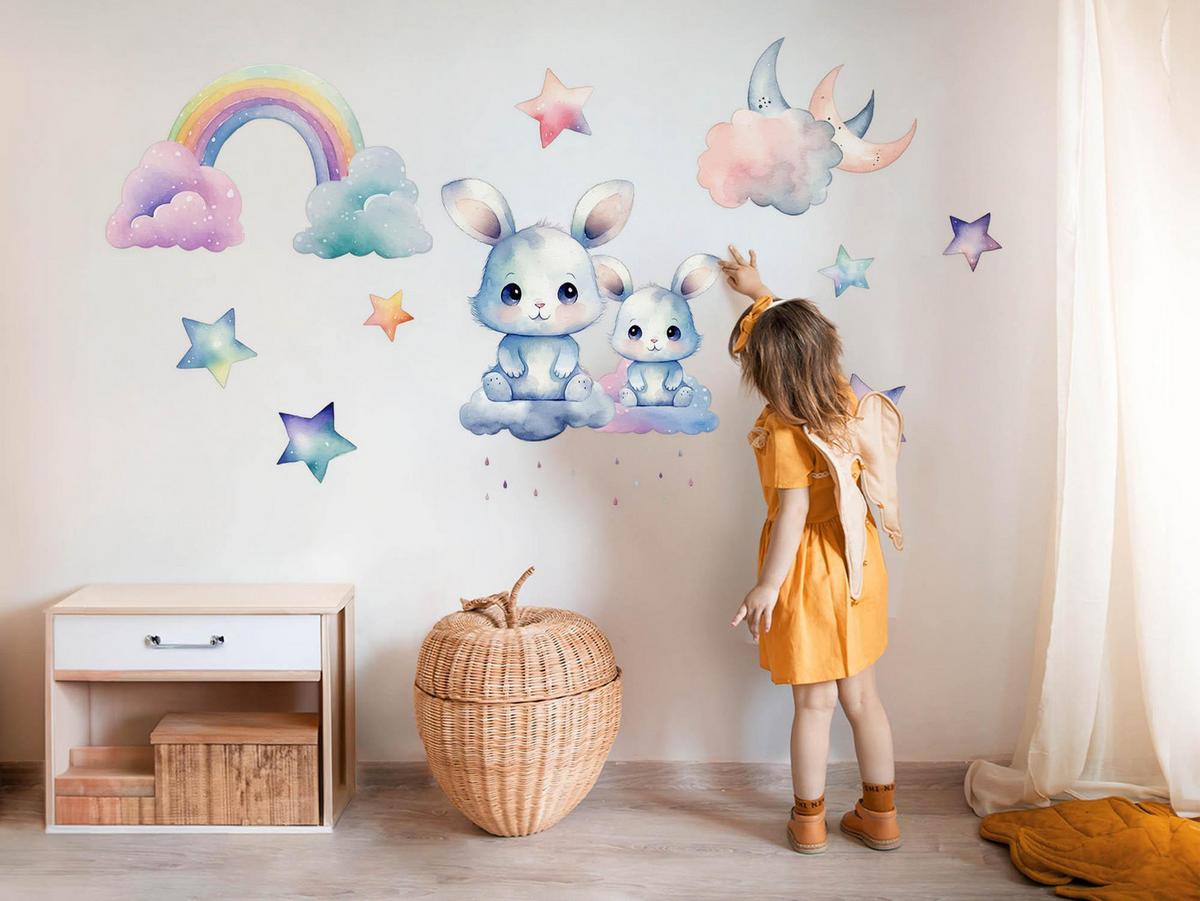 WANDAUFKLEBER 130x174cm - Niedliche Häschen am Himmel - Multicolor, Kunststoff (130/174/0.1cm) - Wallfluent