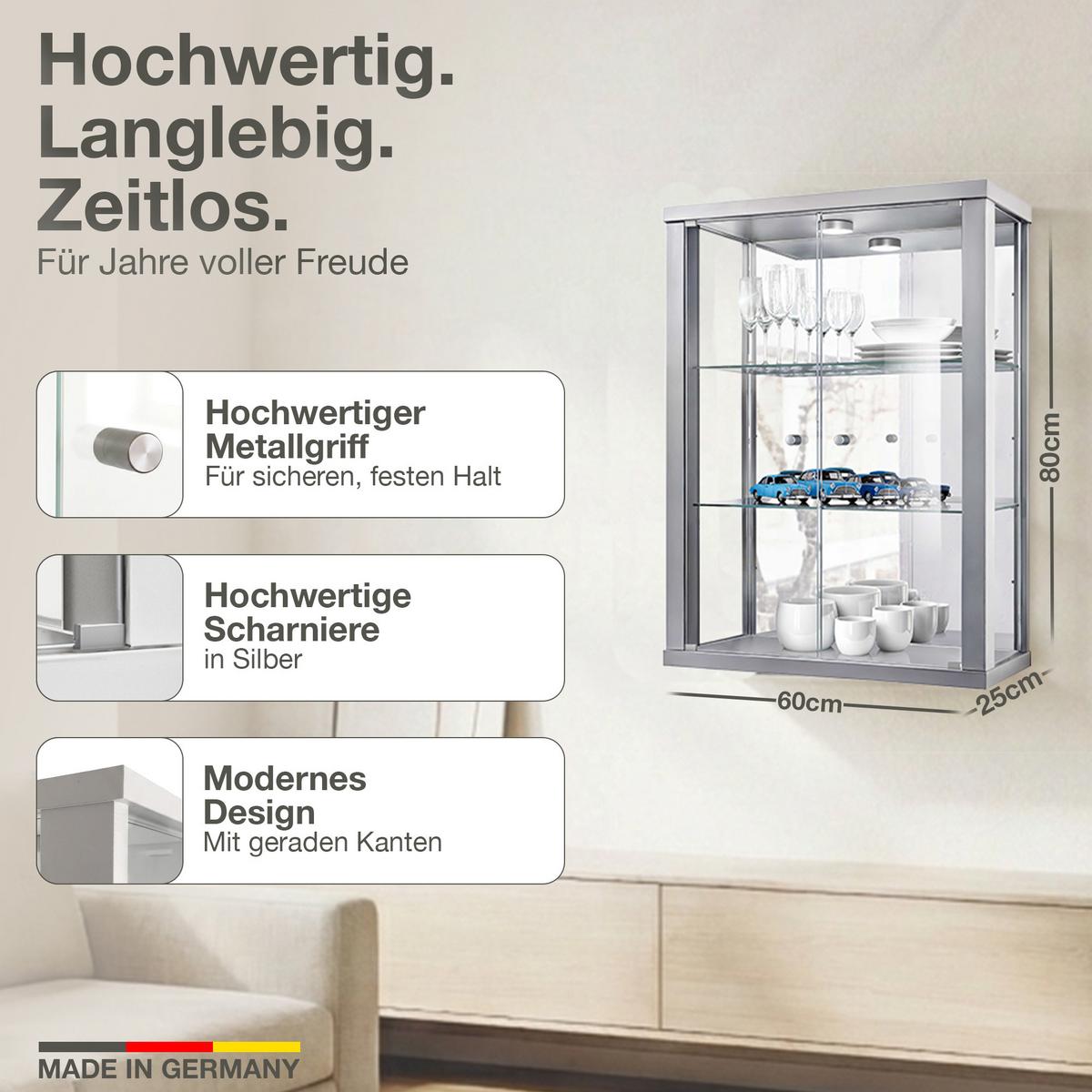 HÄNGEVITRINE 25/60/80 cm mit Spiegel, LED & 2 höhenverstellbaren Glasböden - Transparent/Silberfarben, Glas/Holzwerkstoff (60/80/25cm) - K-Möbel