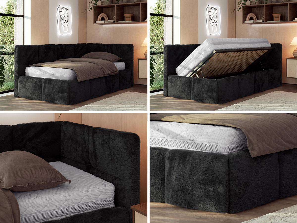 JUGENDBETT ARVO 90/200 - Schwarz Plüsch - Multipocket-Matratze - Rechts Seite - Schwarz, Textil (90/200cm) - MKS