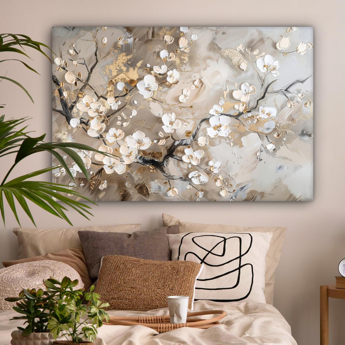 LEINWANDBILD Blumen - Weiß - Gold - Beige - Luxus Wohnzimmer Groß 120x80 cm - Greige, Textil (120/80cm) - MuchoWow