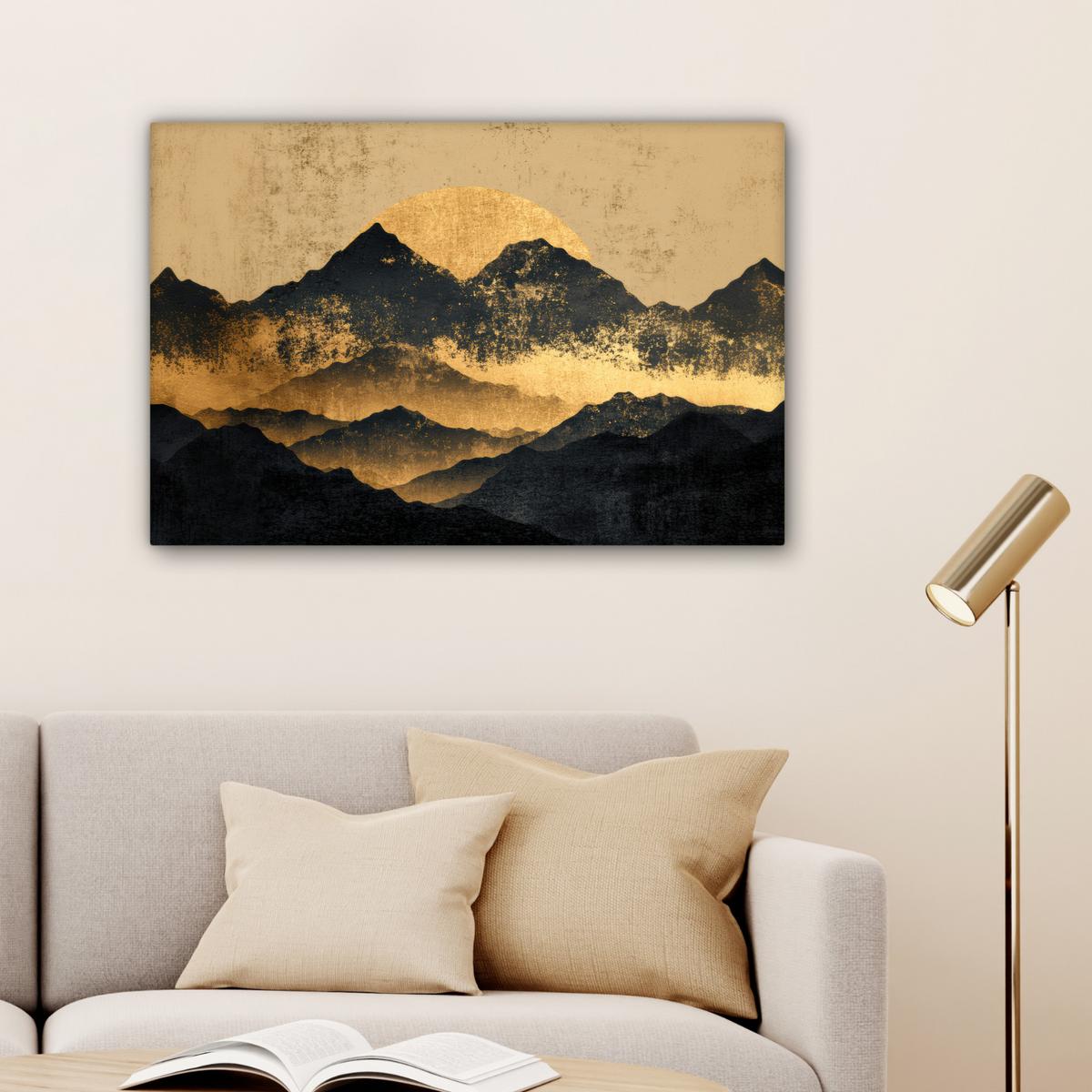 LEINWANDBILD Goldene Berge bei Mondschein Wanddeko 90x60 cm - Goldfarben, Textil (90/60cm) - MuchoWow