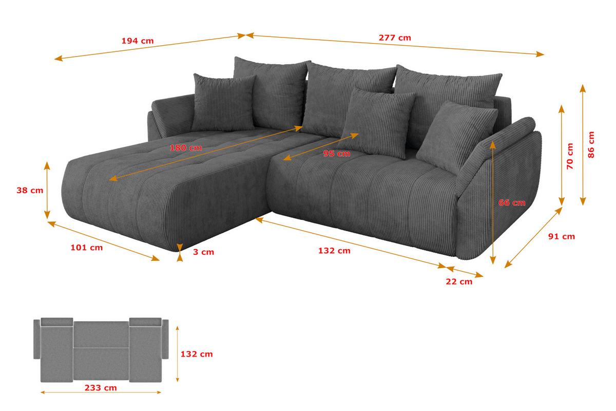 ECKSOFA mit Schlaffunktion Ottomane Links TOKO-L 277x194x86 Dunkelgrau Cord - Dunkelgrau/Schwarz, Holzwerkstoff/Kunststoff (277/194cm) - ALTDECOR