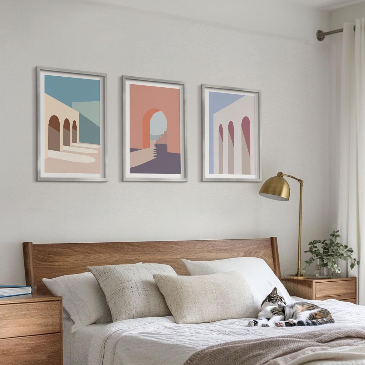 BILDER SET 3er Set - 40x60 cm Silberner Rahmen - Architekturgrafiken in Pastellfarben - Silberfarben, Kunststoff (40/60cm) - TULUP