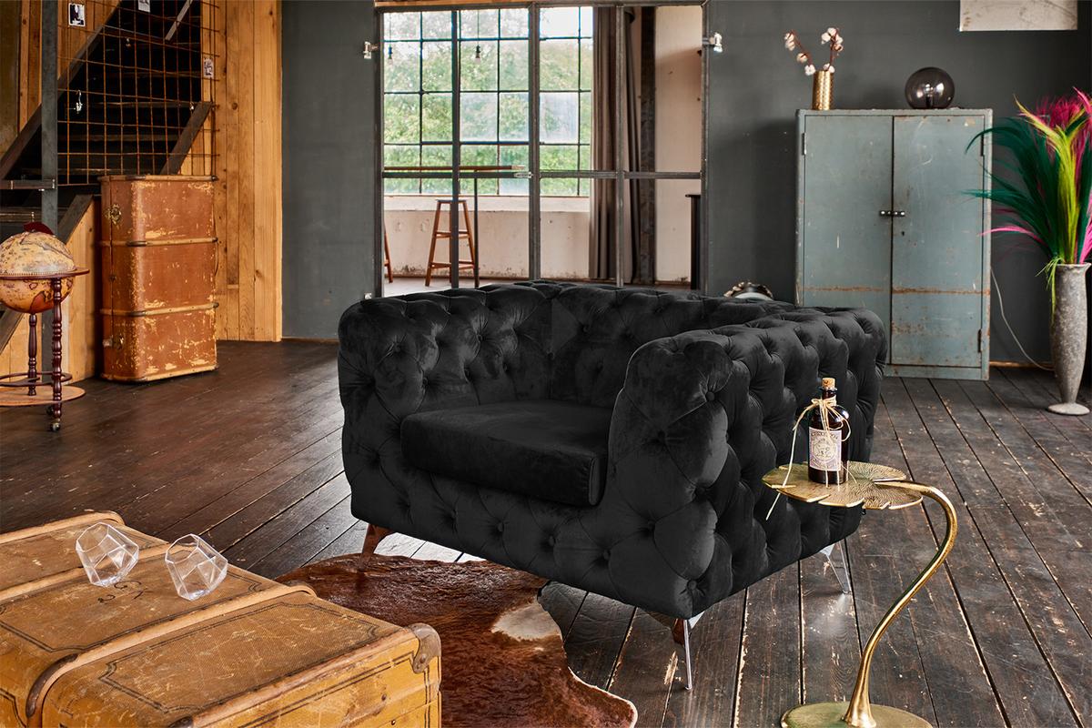 CHESTERFIELD-SESSEL NARLA Schwarz Velvet - Silberfarben/Schwarz, Textil/Metall (120/71/87cm) - KAWOLA
