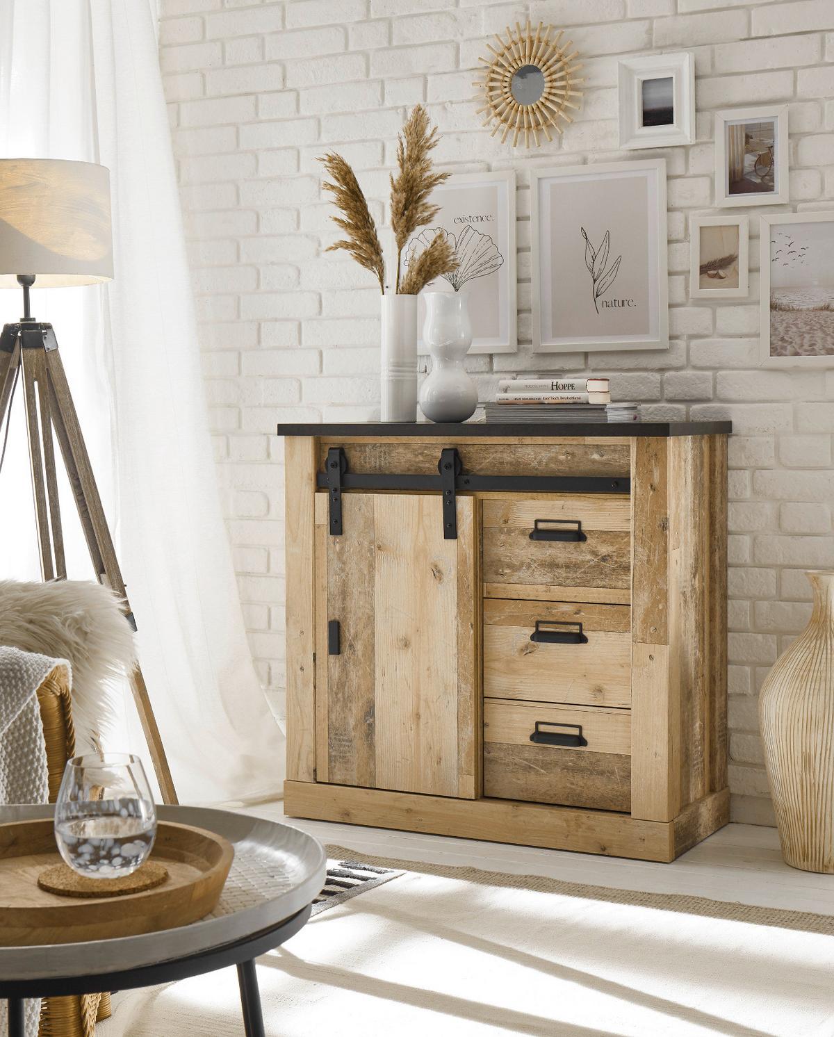 KOMMODE Used Wood hell, anthrazit, Sideboard mit Soft-Close - Anthrazit/Schwarz, Holzwerkstoff/Metall (93/91/43cm) - Furn.Design
