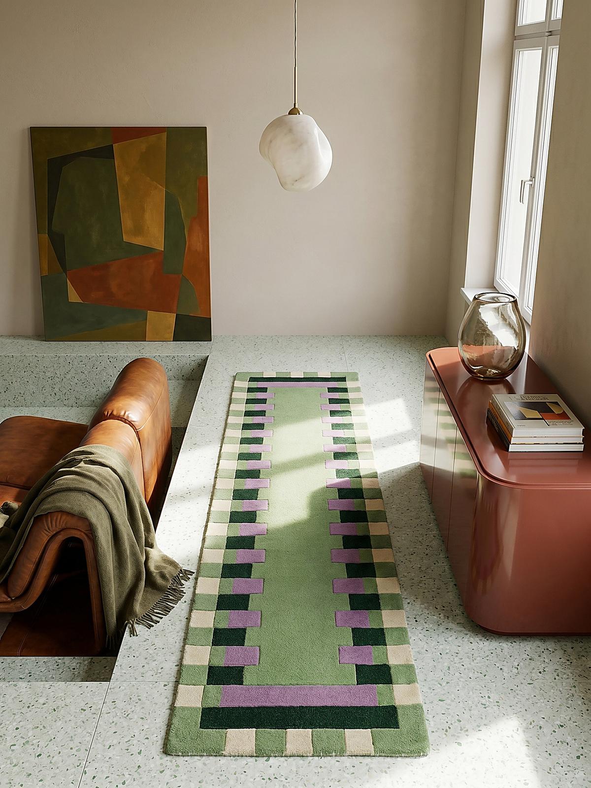WOLLTEPPICH WENSUM, geometrisch, Grün-Lila, 60 x 230 cm - Grün, Textil (230/60cm) - KADIMA DESIGN
