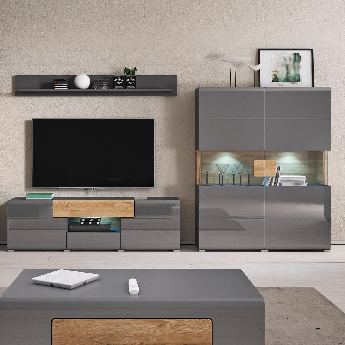 GESCHIRRSCHRANK Jules Grau und Holz - Grau, Holzwerkstoff (122/152/39cm) - Petits-meubles