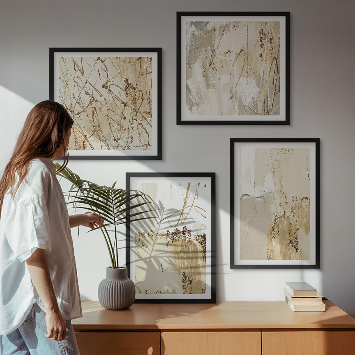 BILDER SET 4er Set - 50x50 cm & 40x60 cm Schwarzer Rahmen - Abstrakte Muster beige weiß - Schwarz, Kunststoff (50/50cm) - TULUP