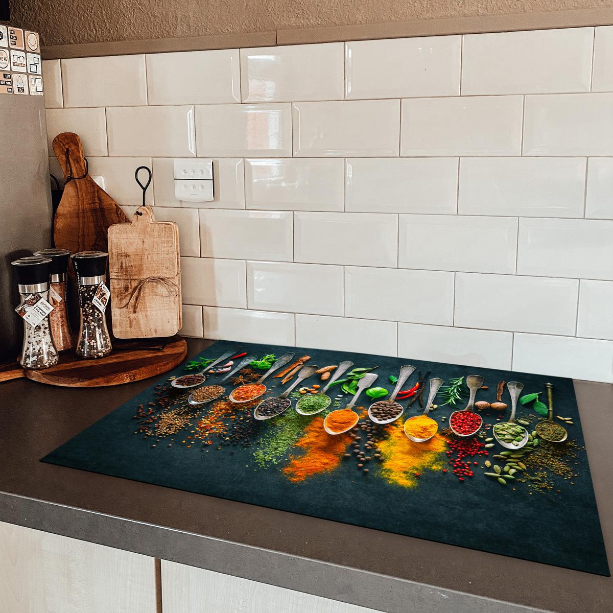 HERDABDECKPLATTE Kräuter - Gewürze - Löffel Herdabdeckung Induktionsfeld 75x52 cm - Multicolor, Kunststoff (75/52/0.2cm) - MuchoWow