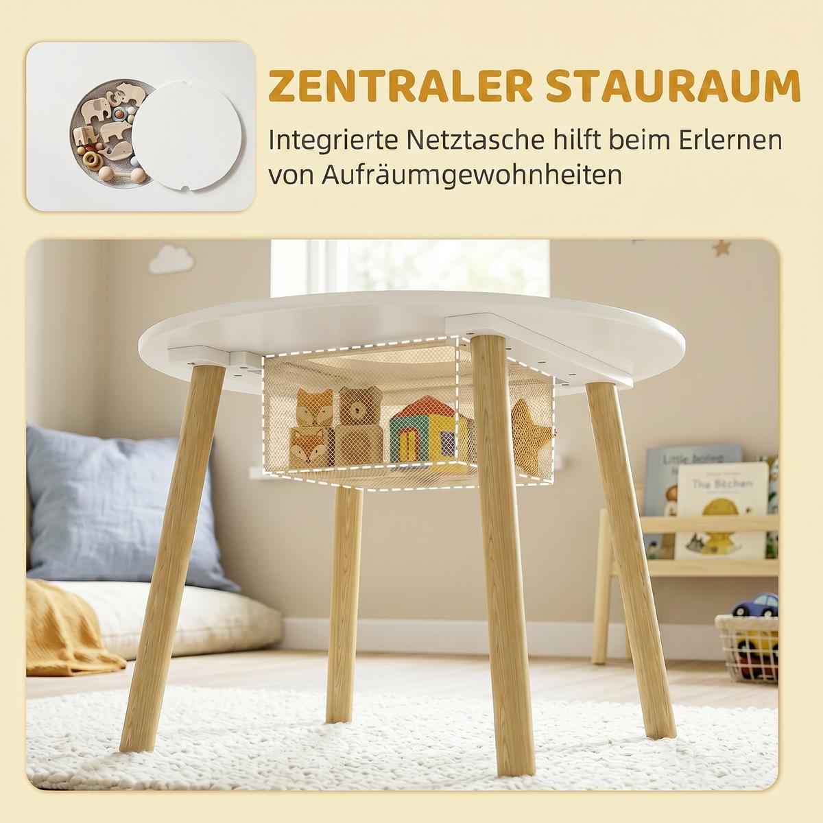 KINDERTISCH-UND-STUHLSET MDF Kiefernholz Weiß - Weiß/Kieferfarben, Holz (60/44/60cm) - AIYAPLAY