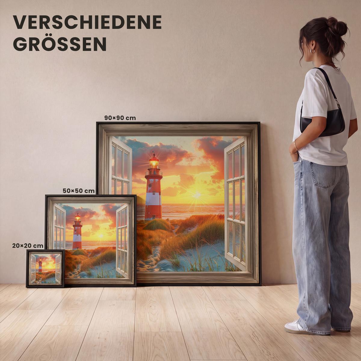 LEINWAND Bilder mit Rahmen - Aussicht - Fenster - Leuchtturm - Sonnenuntergang - Strand - 20x20 - Dunkelorange, Textil (20/20cm) - MuchoWow