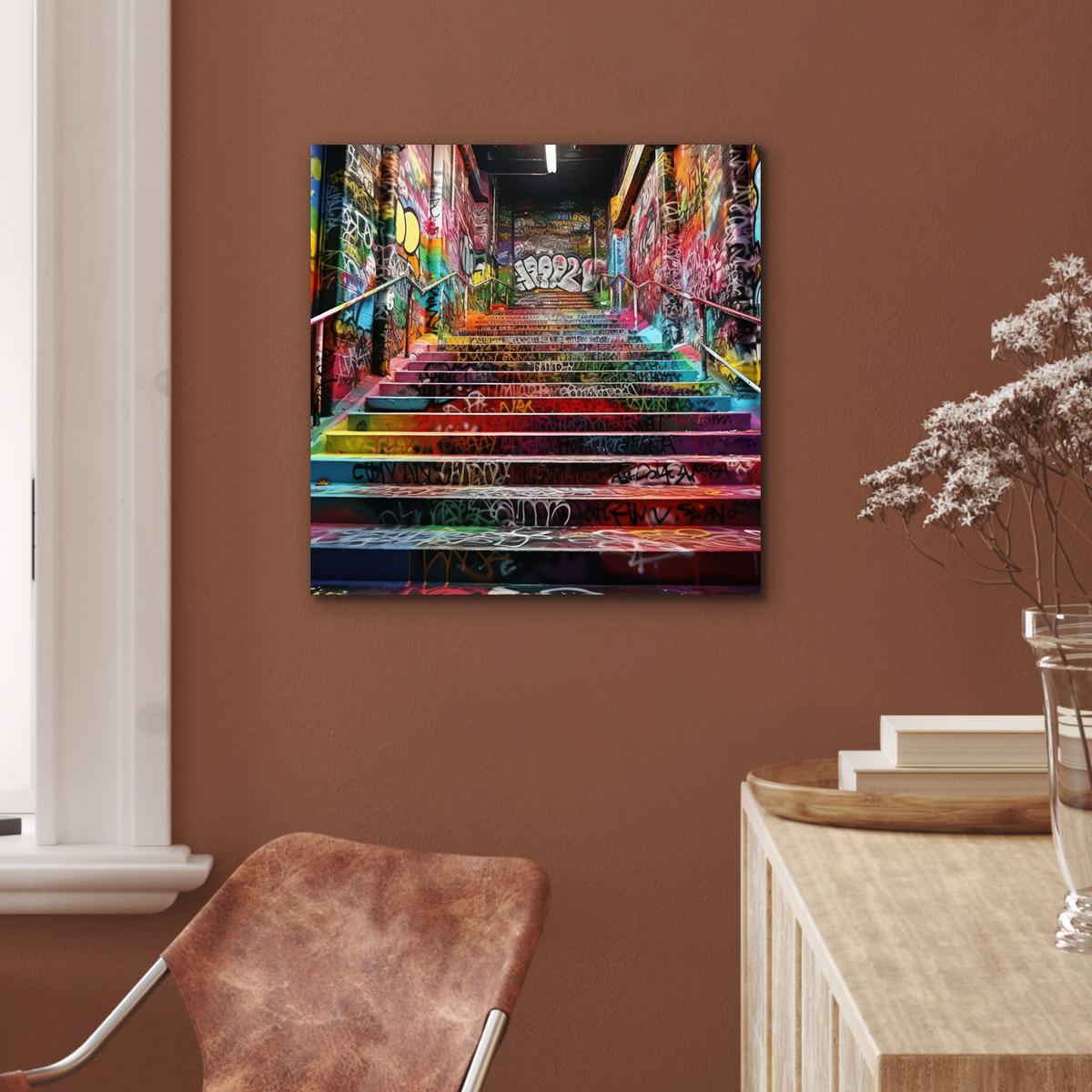 METALLBILD Treppe - Graffiti - Farben - Kunst 50x50 cm - Multicolor, Metall (50/50cm) - MuchoWow