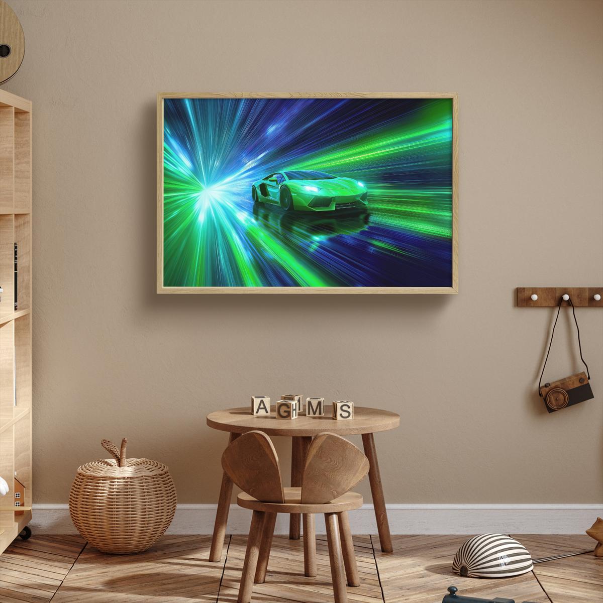 WANDLEUCHTE MIT AKKU Geschwindigkeit - Leicht - Sportwagen - Grün 100x70 cm - Grün, Holzwerkstoff (100/70/8cm) - OnlyWow