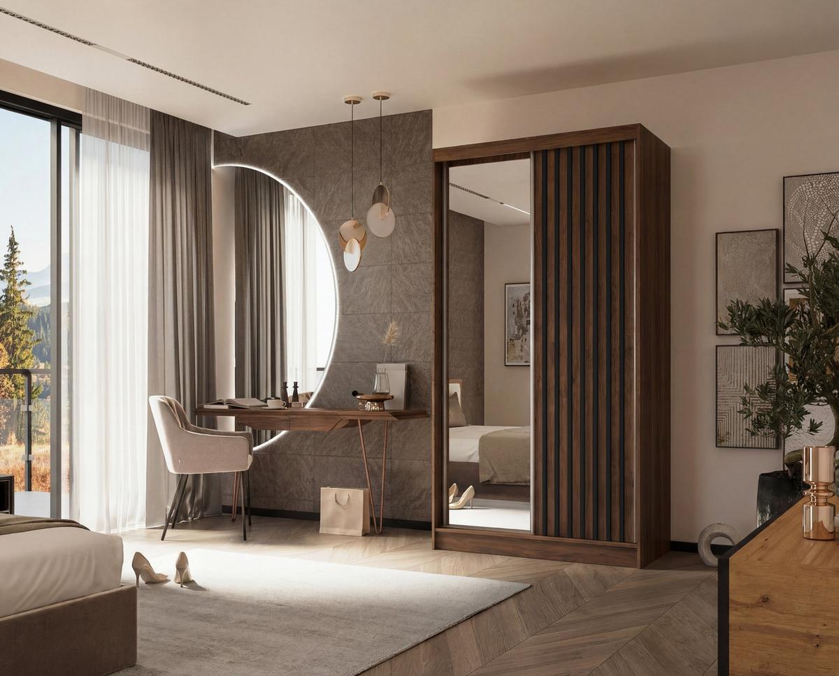SCHWEBETÜRENSCHRANK LAMELLO 120/216/61 cm Modern Kleiderschrank 2-türig mit Spiegel Nussbaumfarben - Nussbaumfarben, Holzwerkstoff (120/216/61cm) - MASSENO