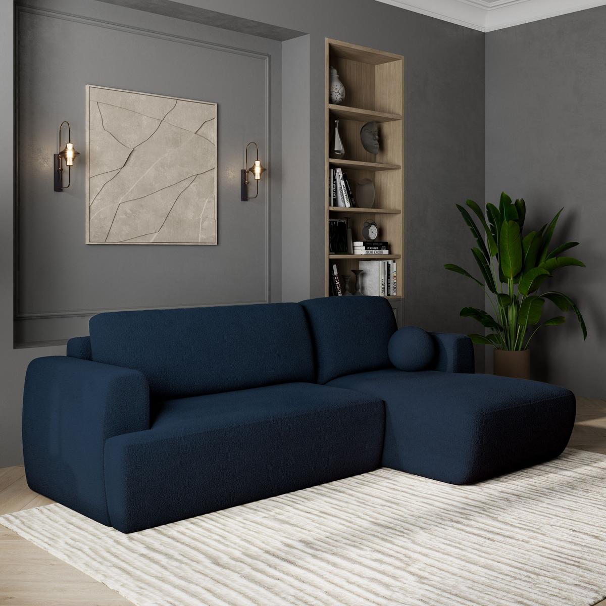 ECKSOFA SENTI N R-S Blau Boucle-Stoff mit Schlaffunktion - Blau/Schwarz, Holz/Kunststoff (246/148cm) - MASSENO
