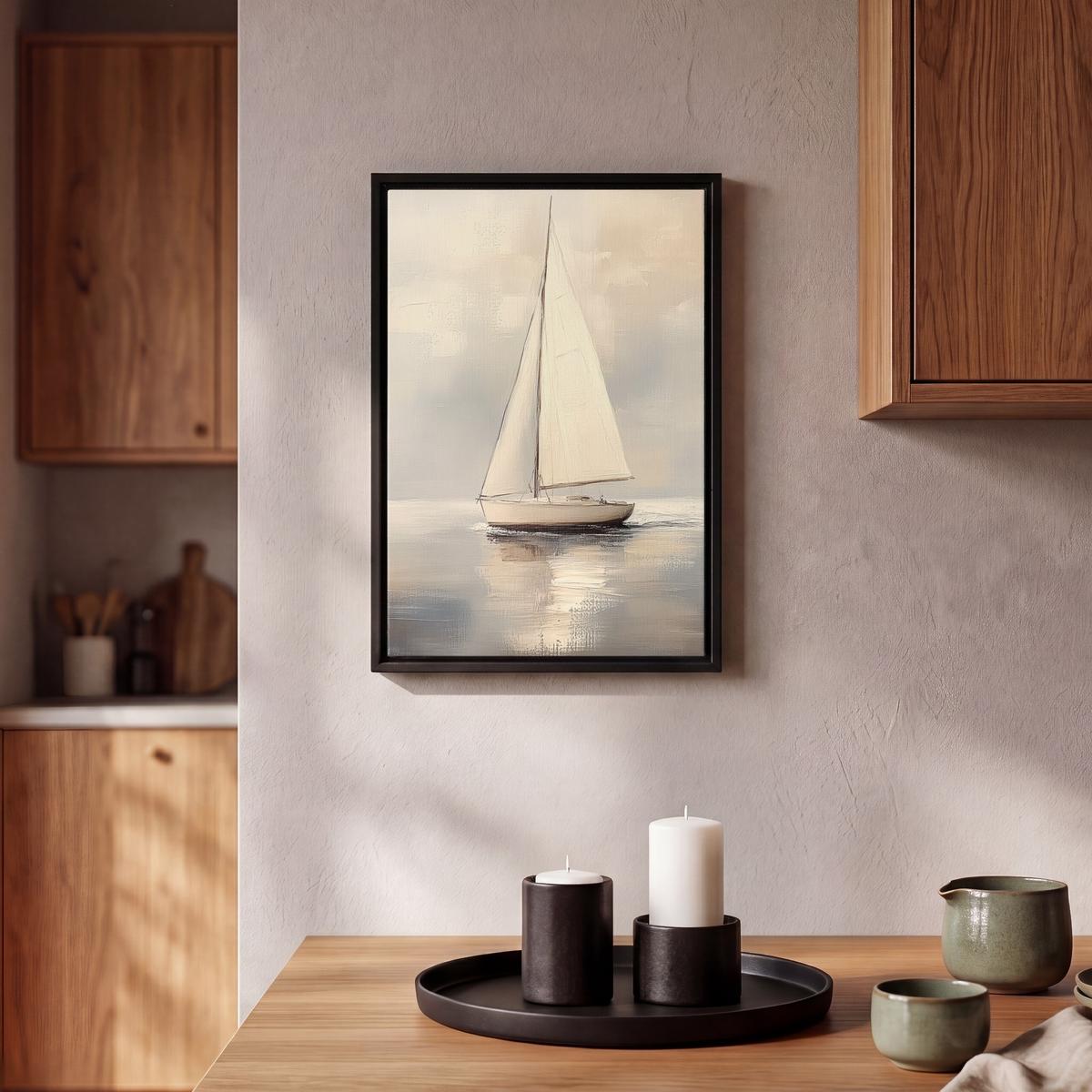 LEINWAND Bilder mit Rahmen - Segelschiff - Meer - Bewölkt - 20x30 - Creme, Textil (20/30cm) - MuchoWow