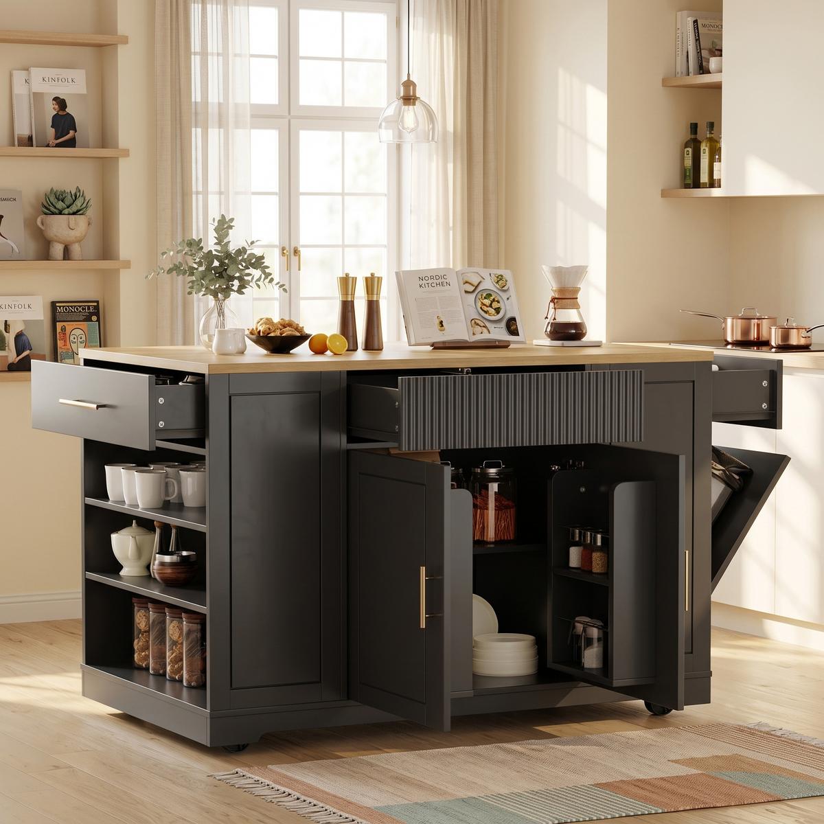 KÜCHENINSEL Schwarz mit Rollen & Mülleimerfach 3 Schubladen - Schwarz, Holzwerkstoff (120/92/50cm) - Urban Meuble