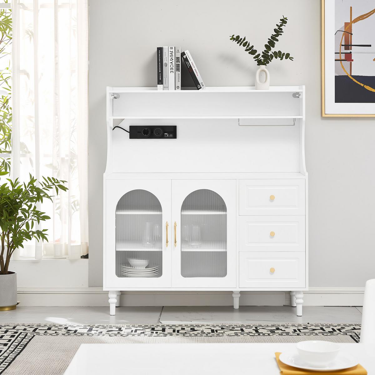 BUFFETSCHRANK mdf in weiß mit riffelglas, ladestation & weinglashalter - Weiß, Holzwerkstoff (120/138.5/40cm) - Urban Meuble