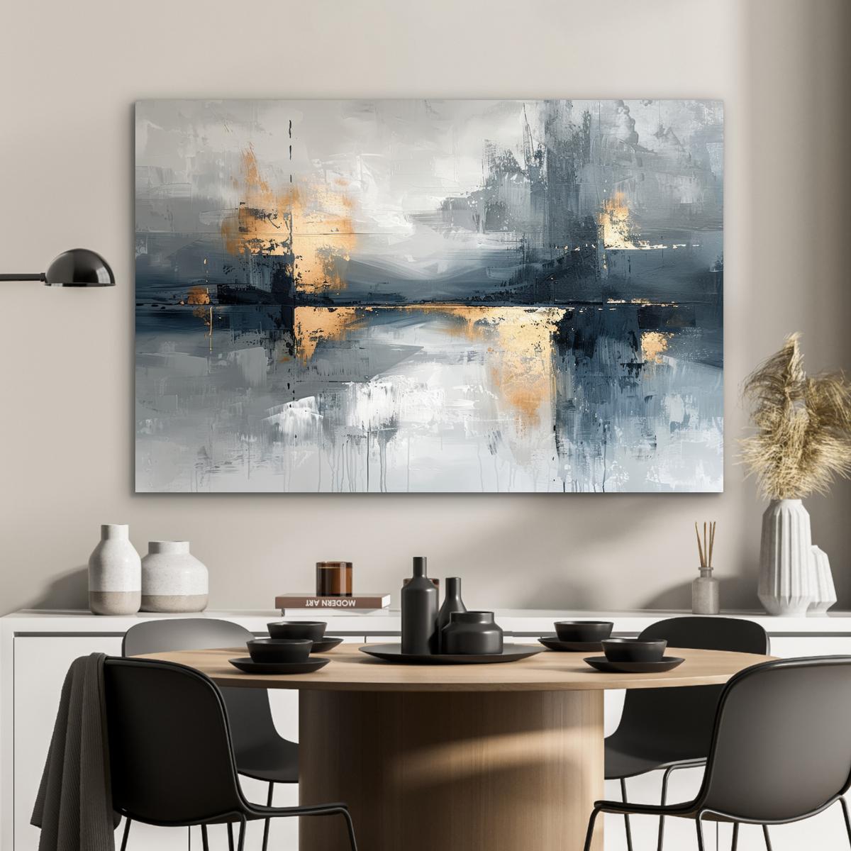 METALLBILD Kunst - Grau - Gold - Abstrakt Deko Groß 120x80 cm - Dunkelgrau, Metall (120/80cm) - MuchoWow