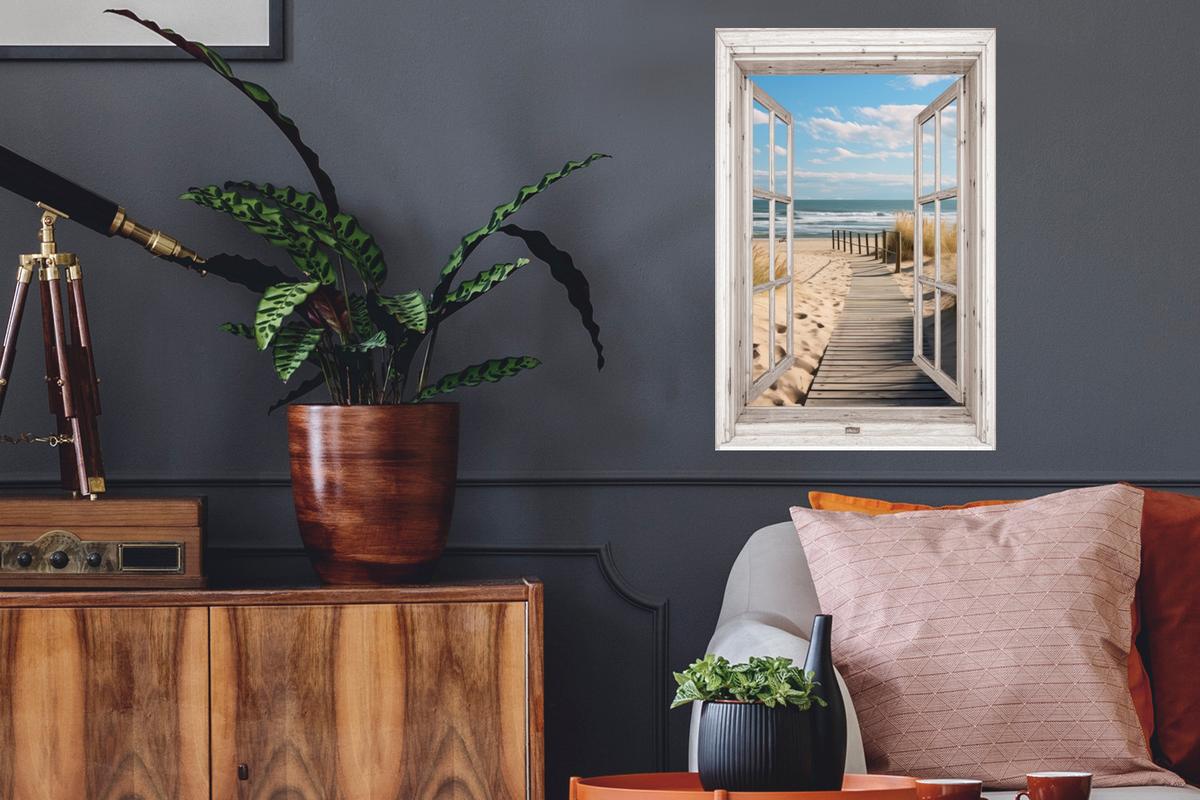 WANDTATTOO Fenster - Meer - Küste - Natur - Ausblick - Strand - Wattenmeer Wandbild 40x60 cm - Beige, Kunststoff (40/60/0.1cm) - MuchoWow