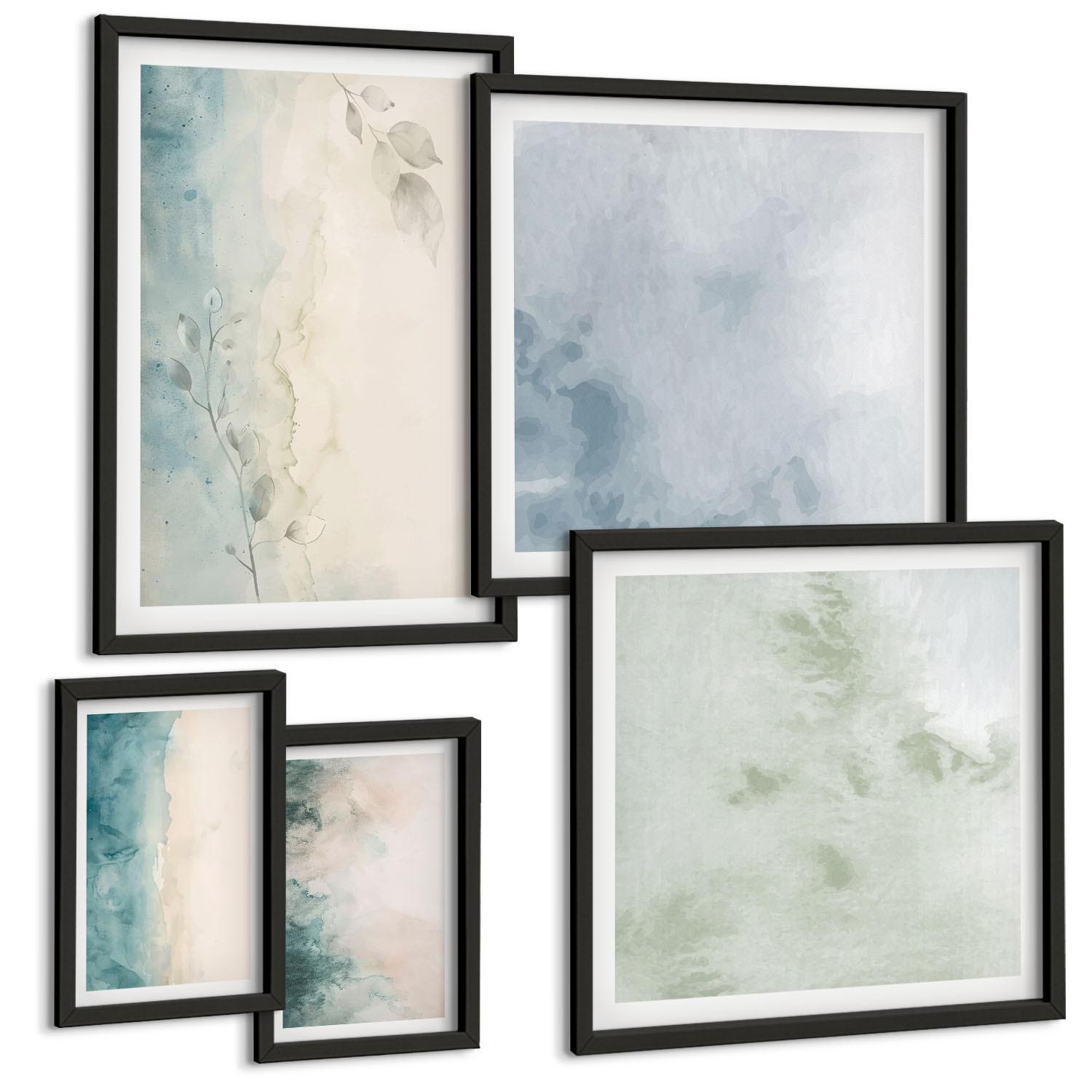 BILDER SET 5er Set - 50x50 cm & 20x30 cm & 40x60 cm Schwarzer Rahmen - Aquarell-Leinwandstil - Schwarz, Kunststoff (40/60cm) - TULUP